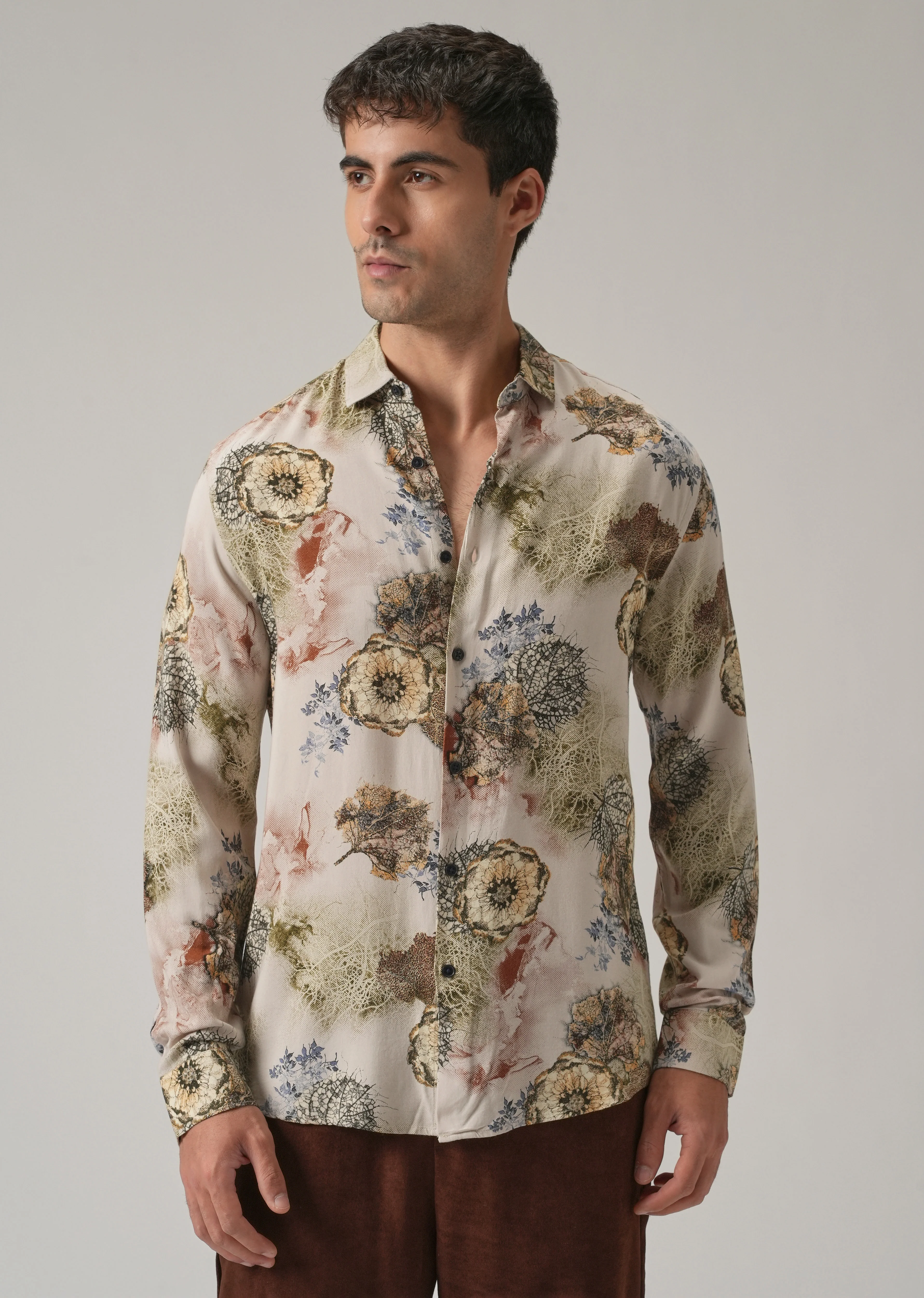 Beige Flora Print Feather Shirt - Image 3
