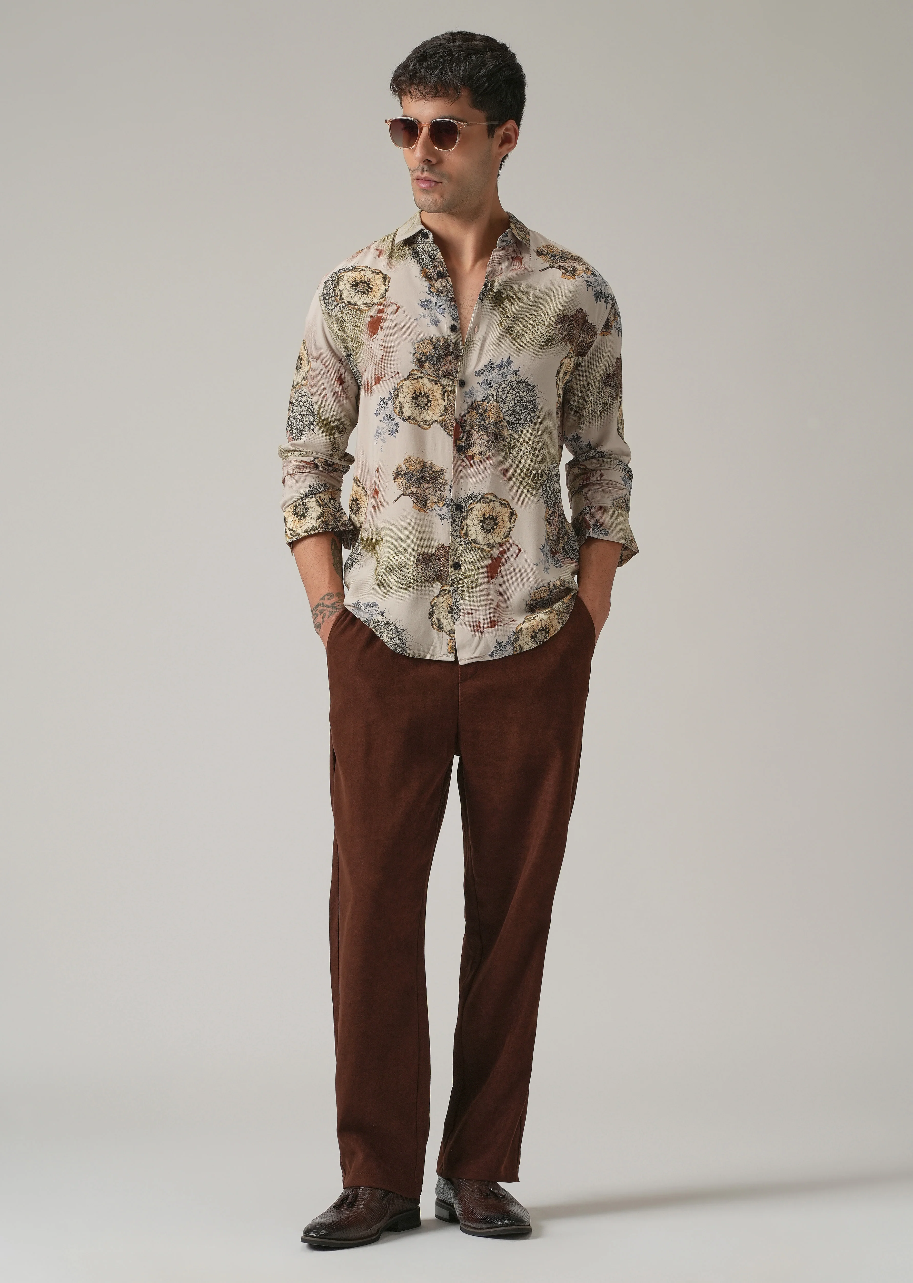 Beige Flora Print Feather Shirt - Image 6