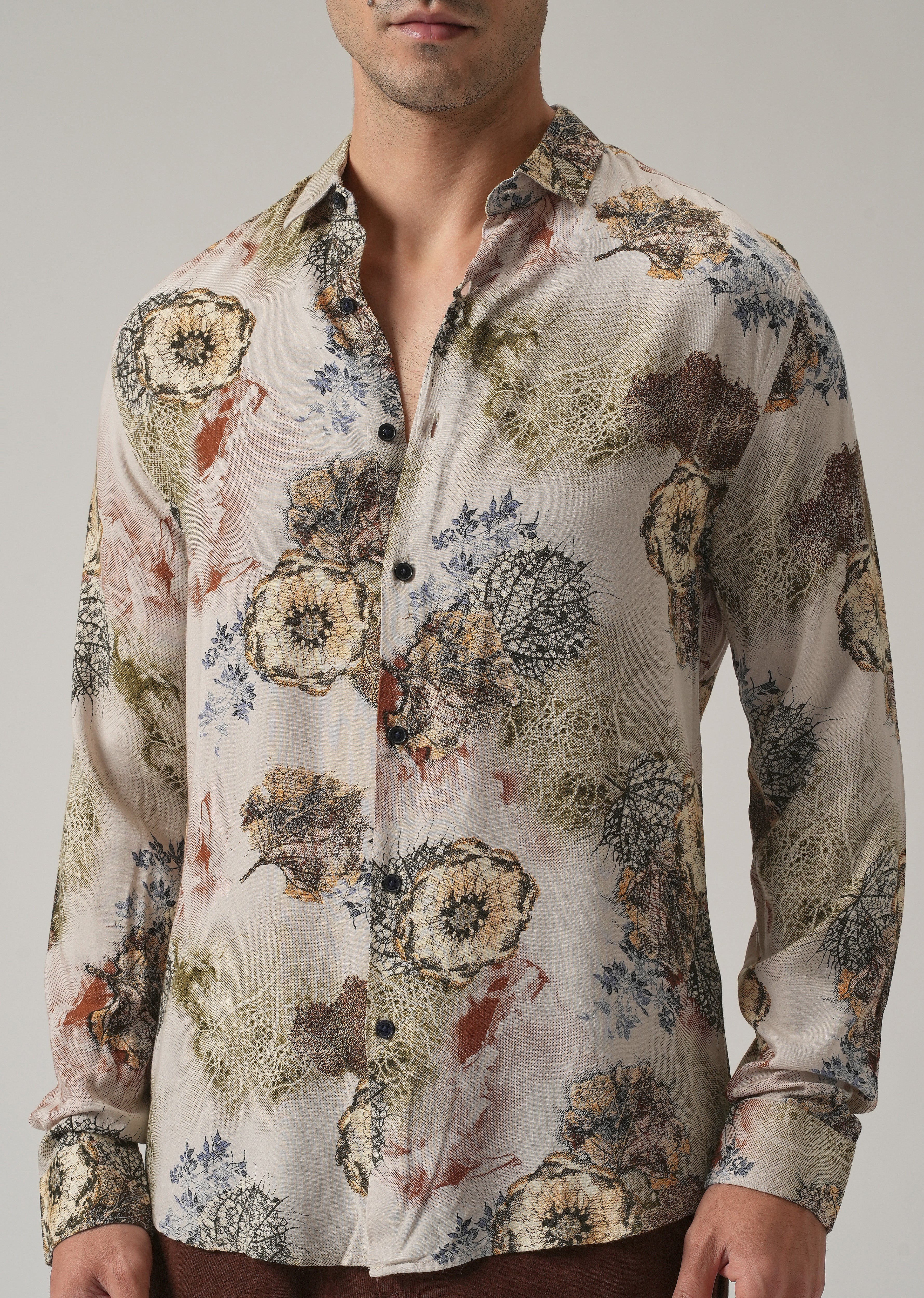 Beige Flora Print Feather Shirt - Image 7