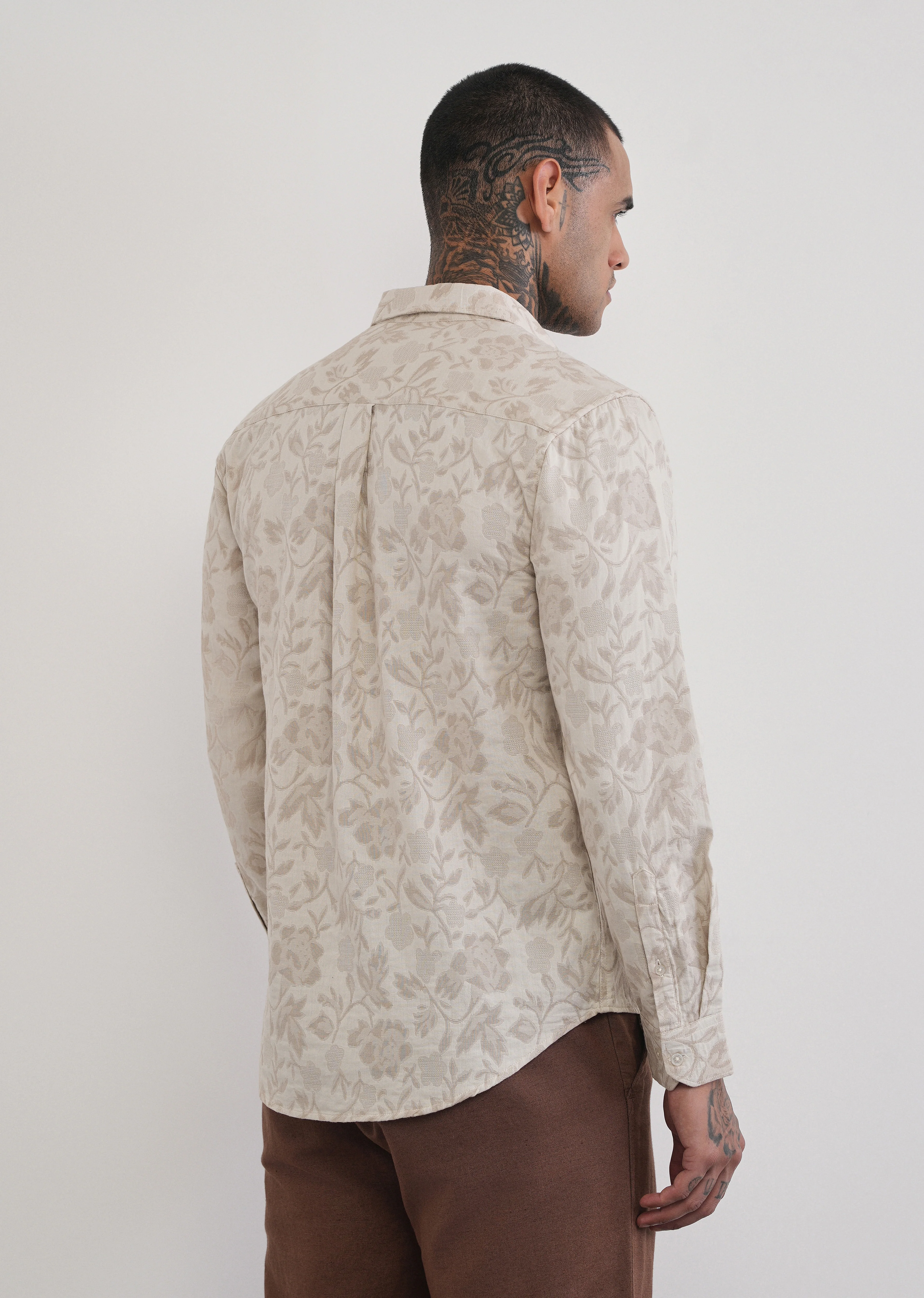 Beige Floral Cotton Jacquard Shirt - Image 2