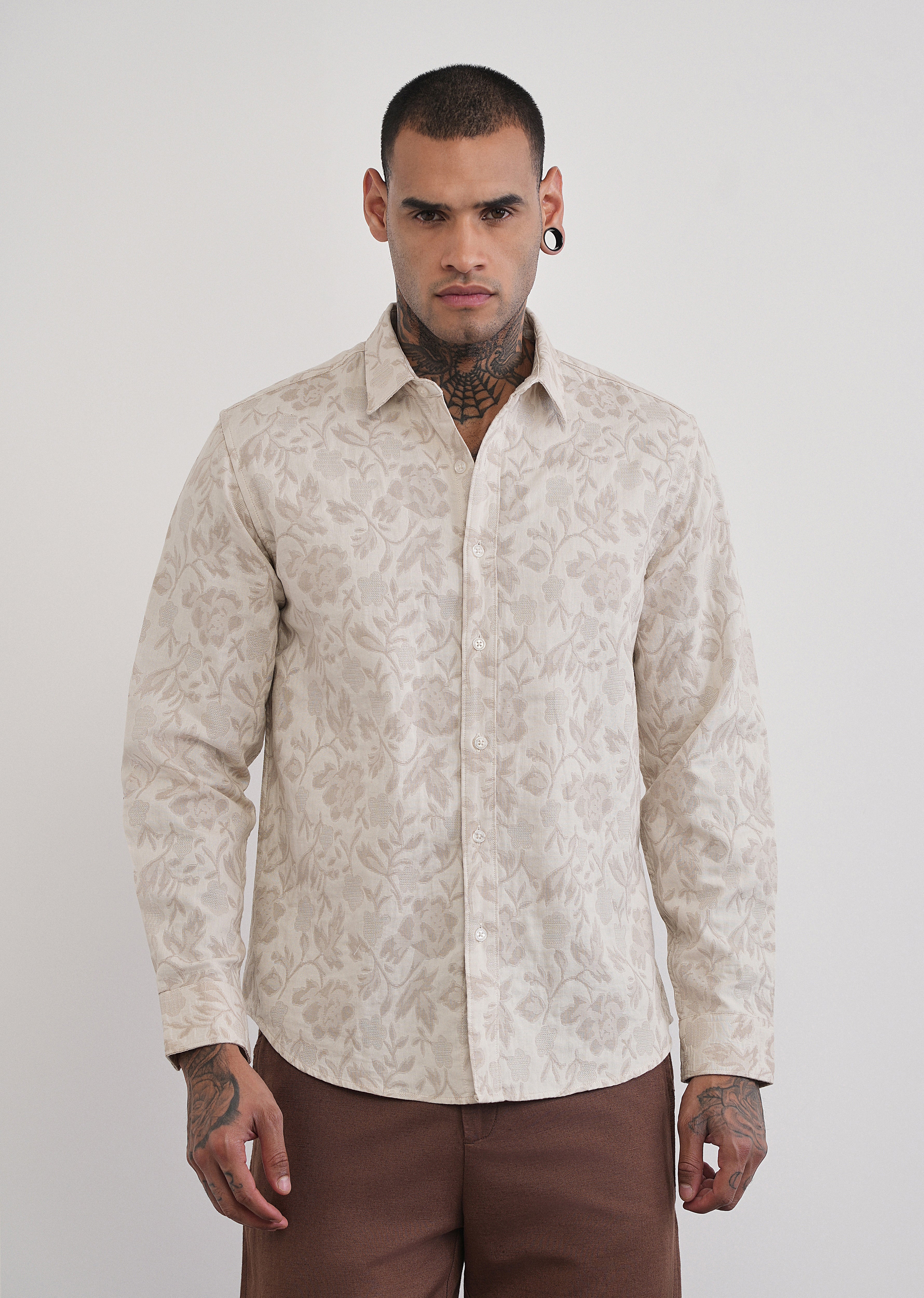 Beige Floral Cotton Jacquard Shirt - Image 3