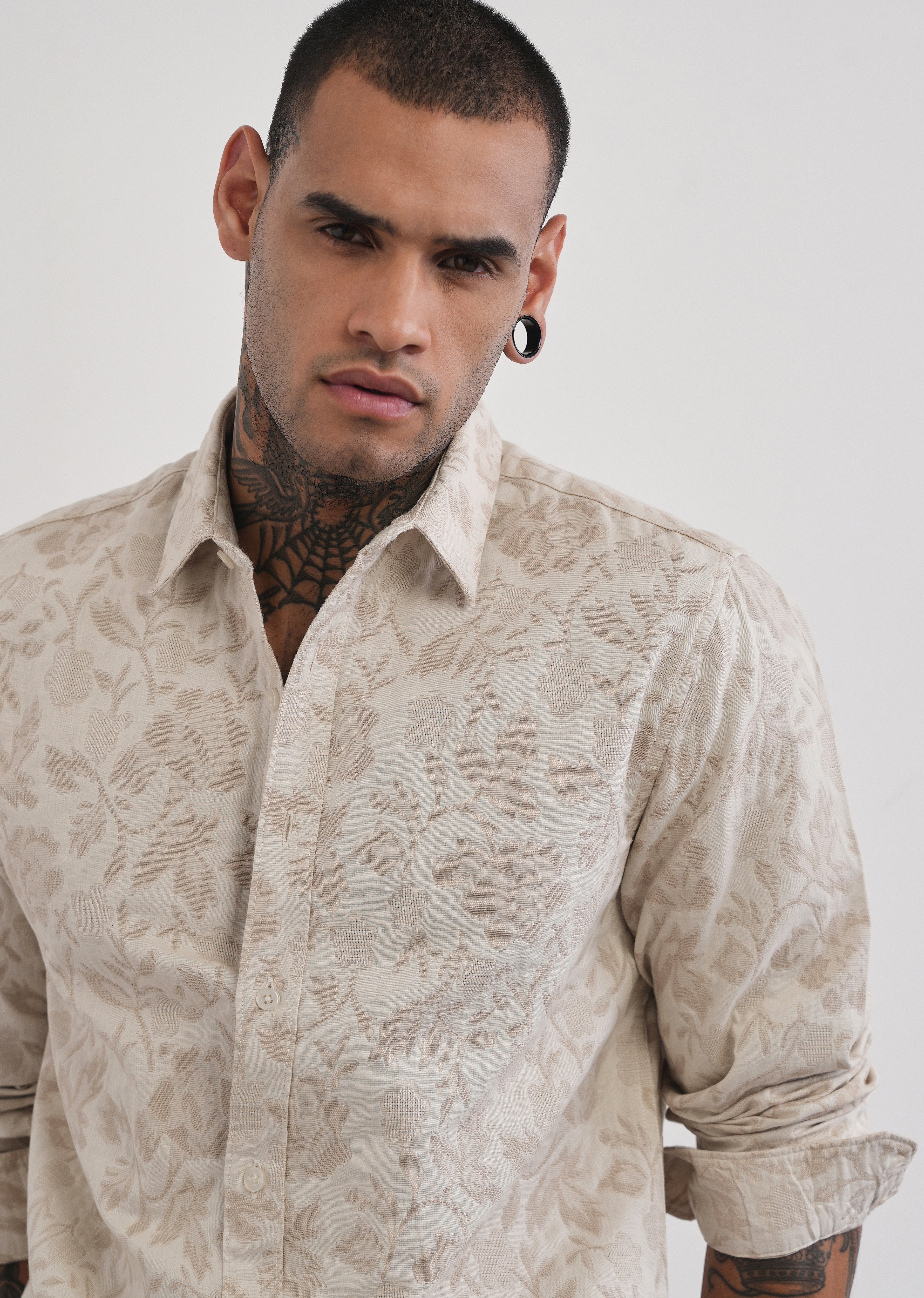 Beige Floral Cotton Jacquard Shirt - Image 5