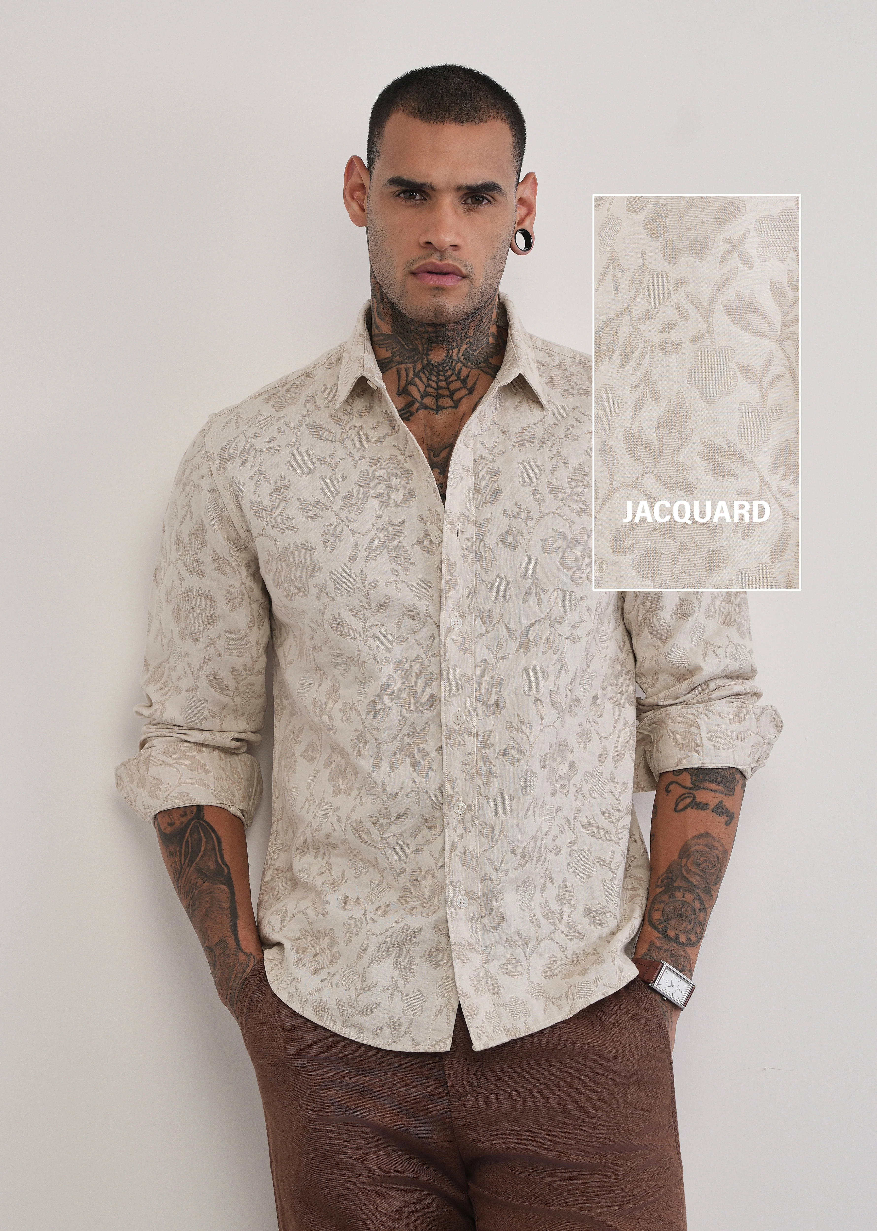 Beige Floral Cotton Jacquard Shirt - Image 7