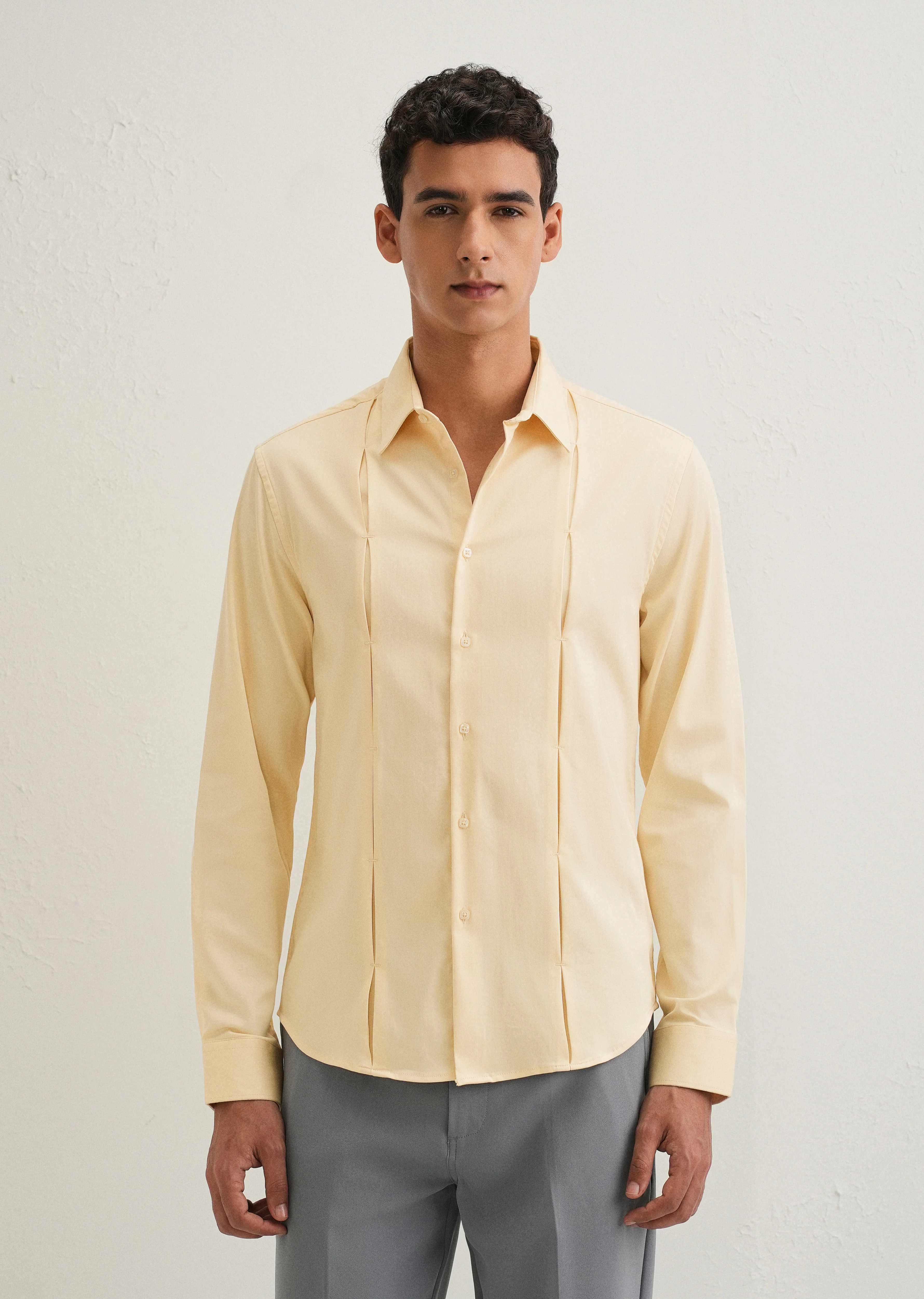 Beige Front Panel Open Pleat Shirt - Image 3