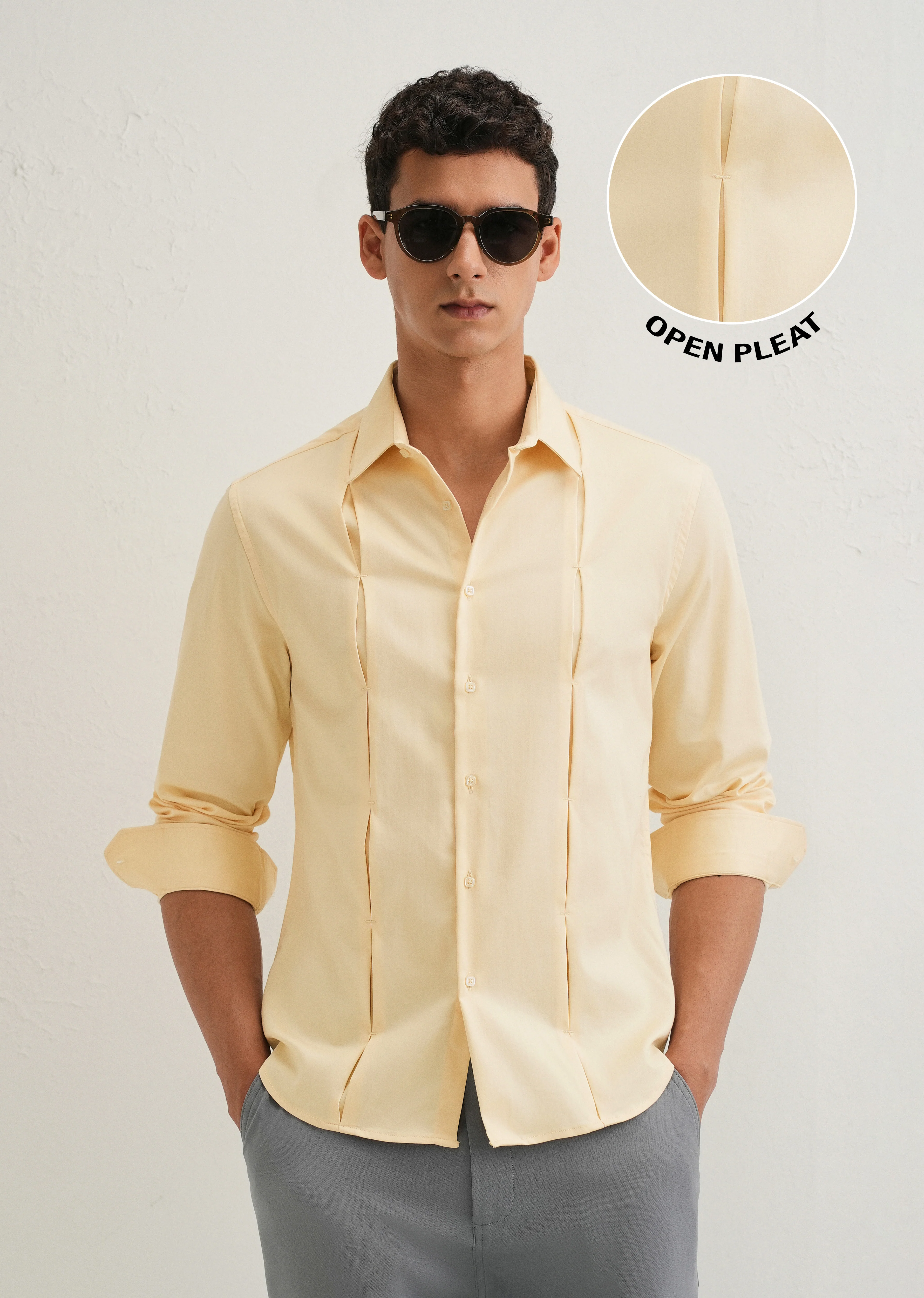 Beige Front Panel Open Pleat Shirt - Image 7
