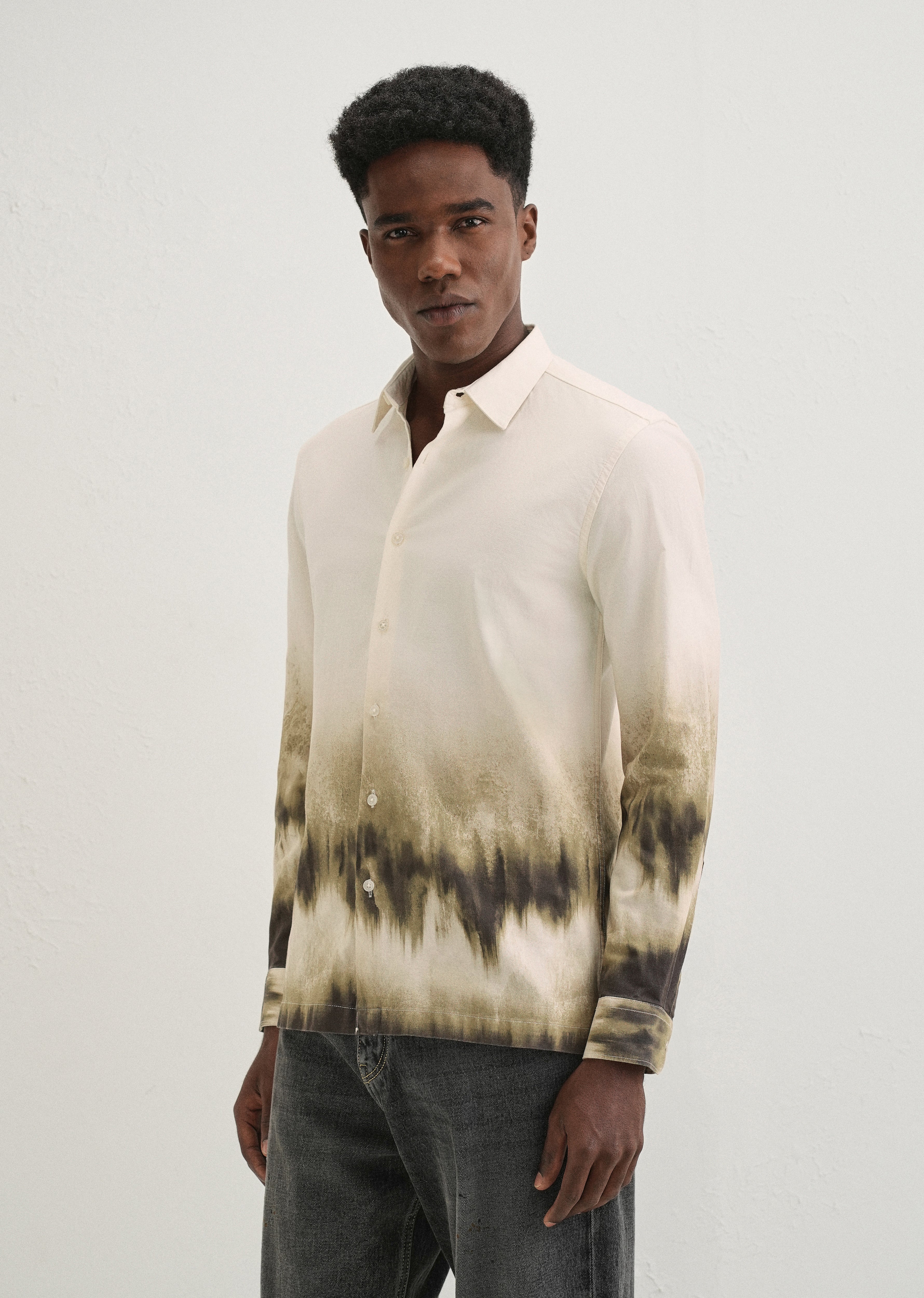 Beige Green Gradient Printed Shirt - Image 5