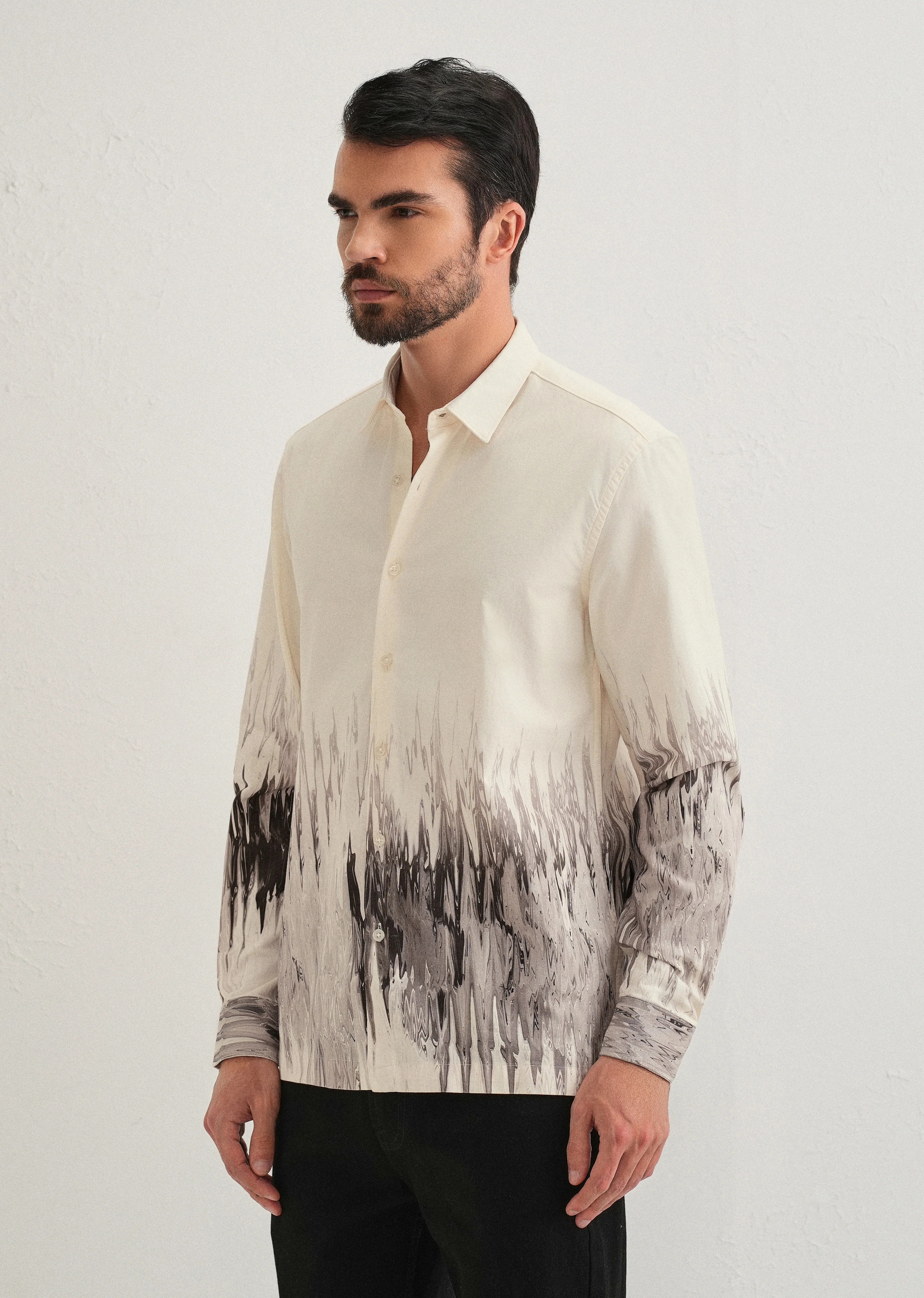 Beige Grey Ripple Printed Shirt - Image 4