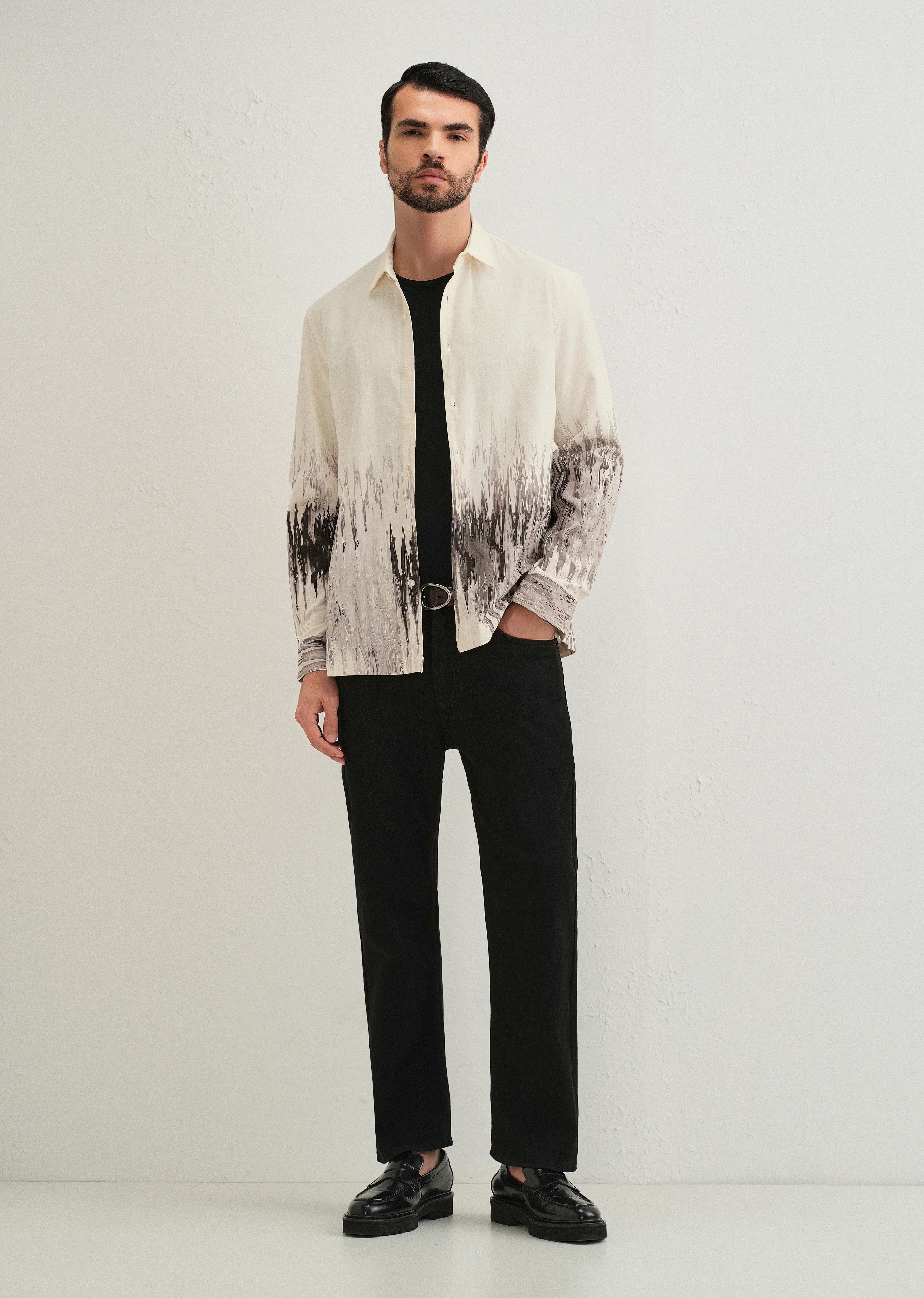 Beige Grey Ripple Printed Shirt - Image 6