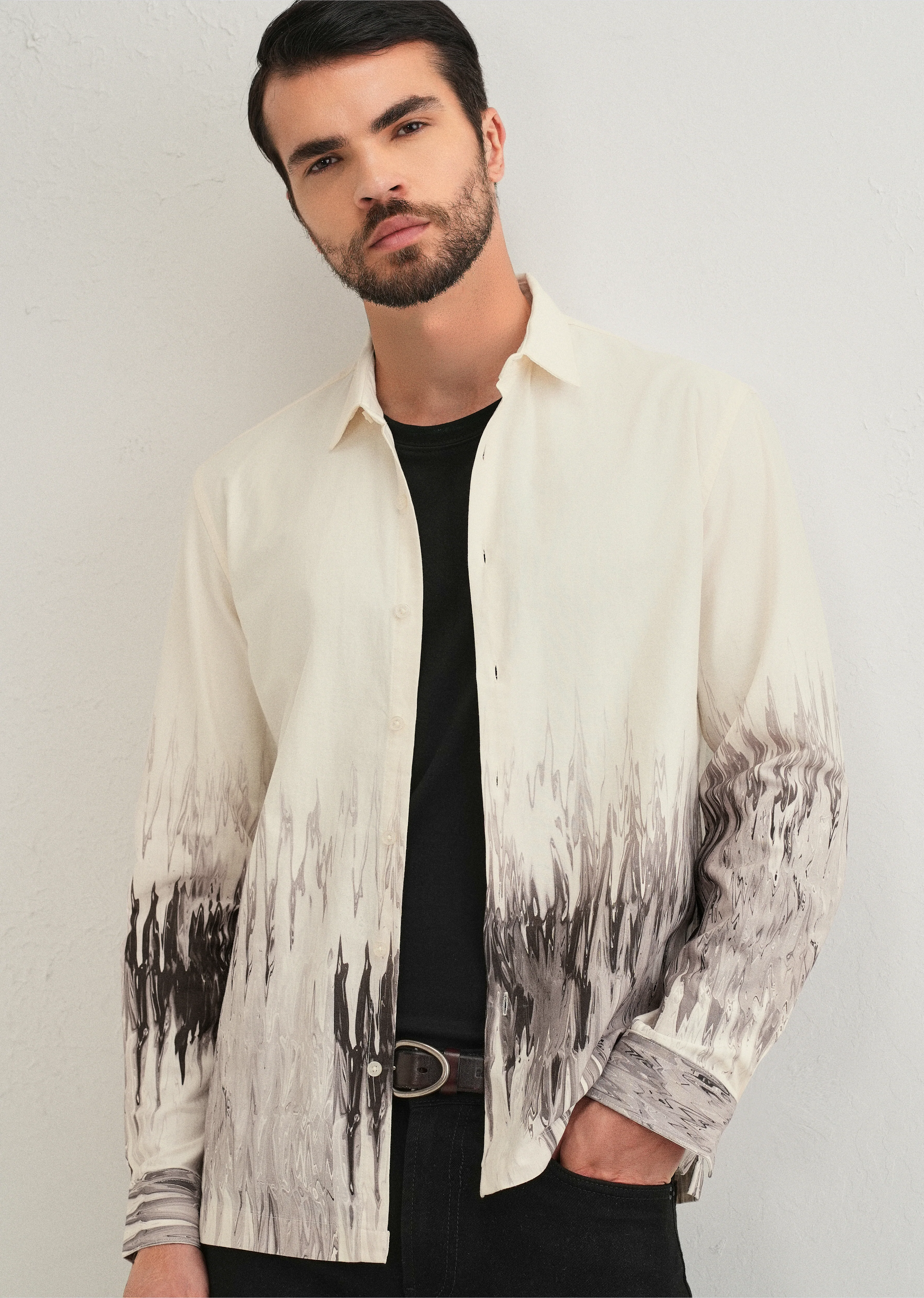 Beige Grey Ripple Printed Shirt - Image 7