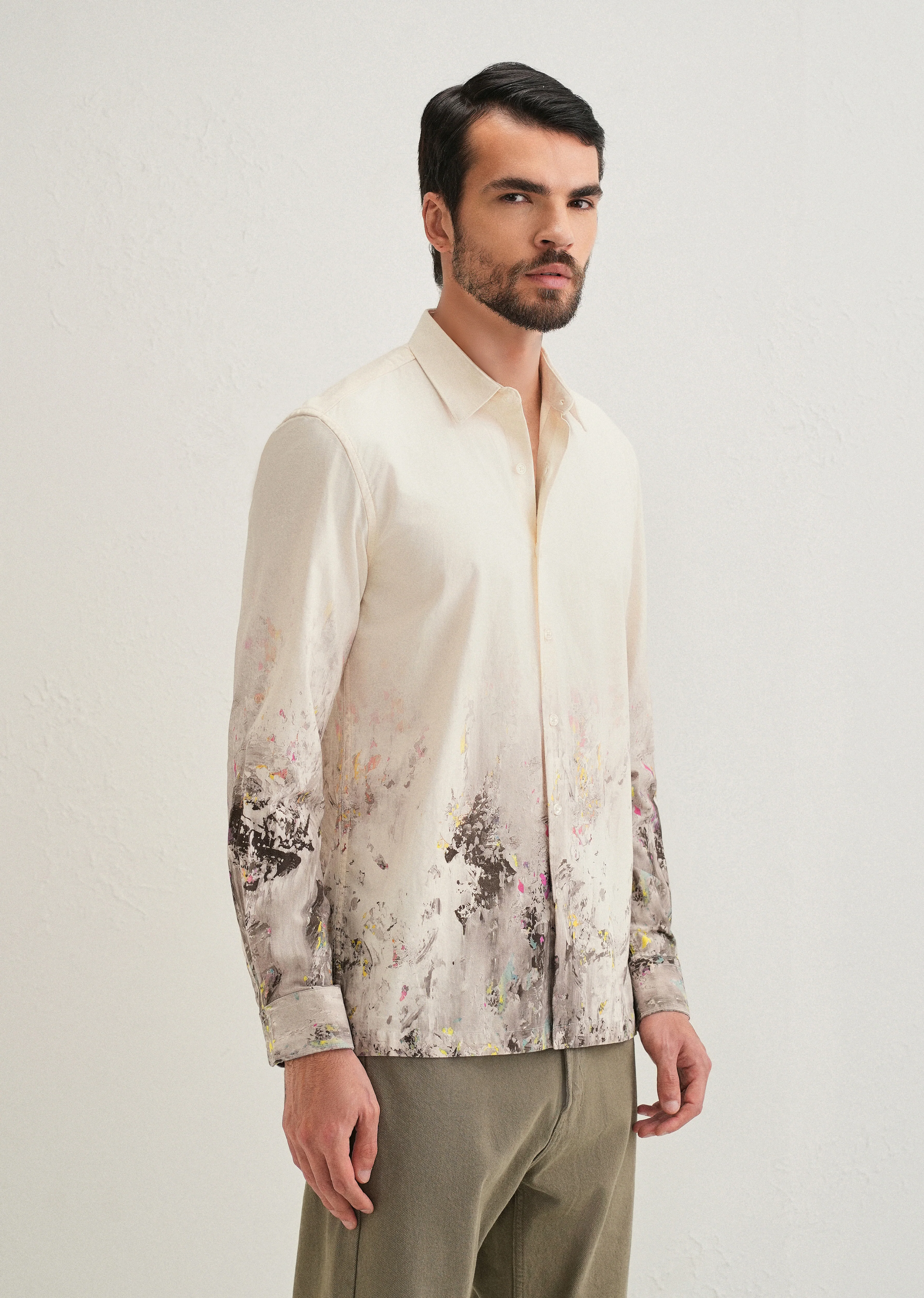 Beige Grey Splatter Printed Shirt - Image 3