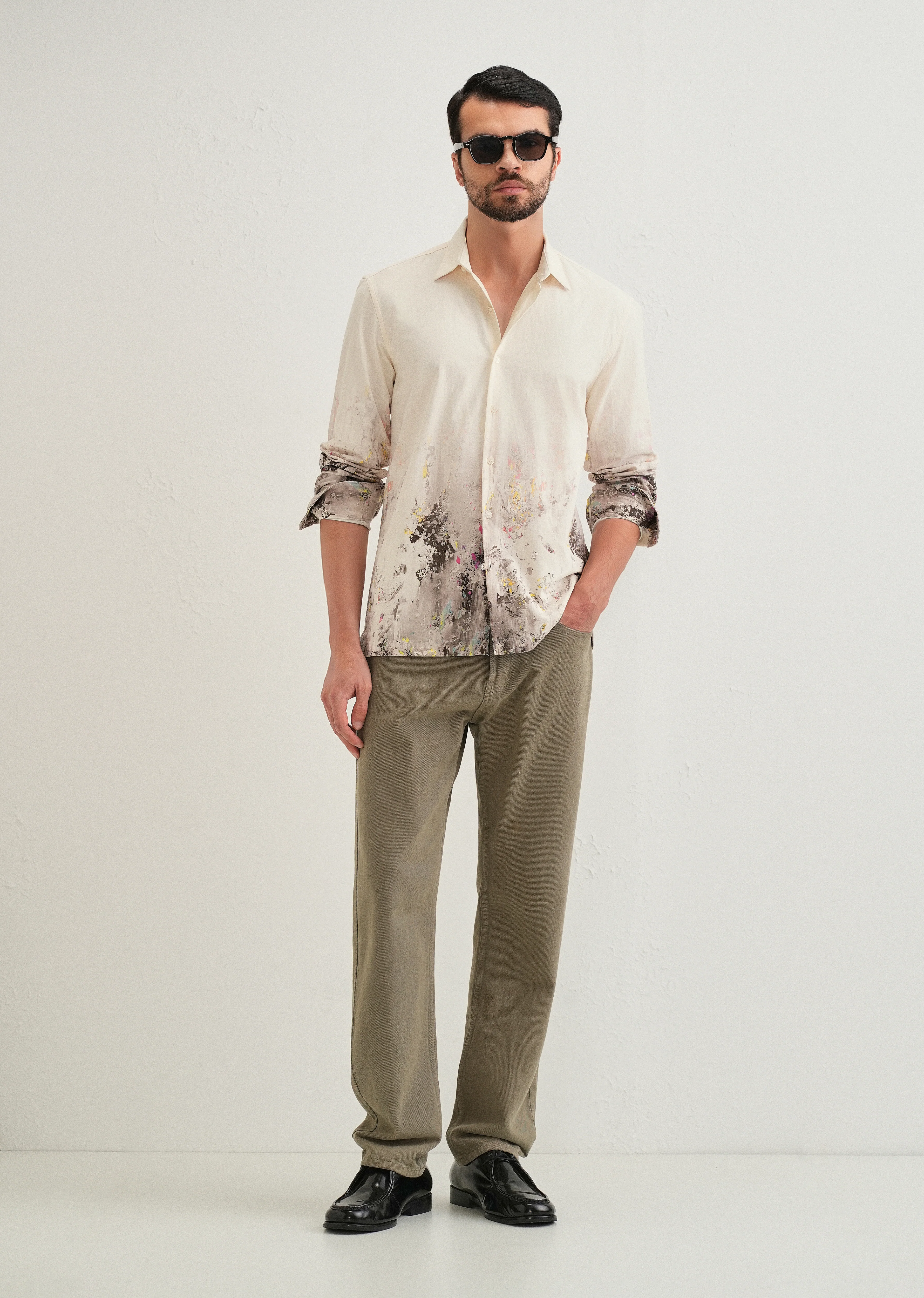 Beige Grey Splatter Printed Shirt - Image 6