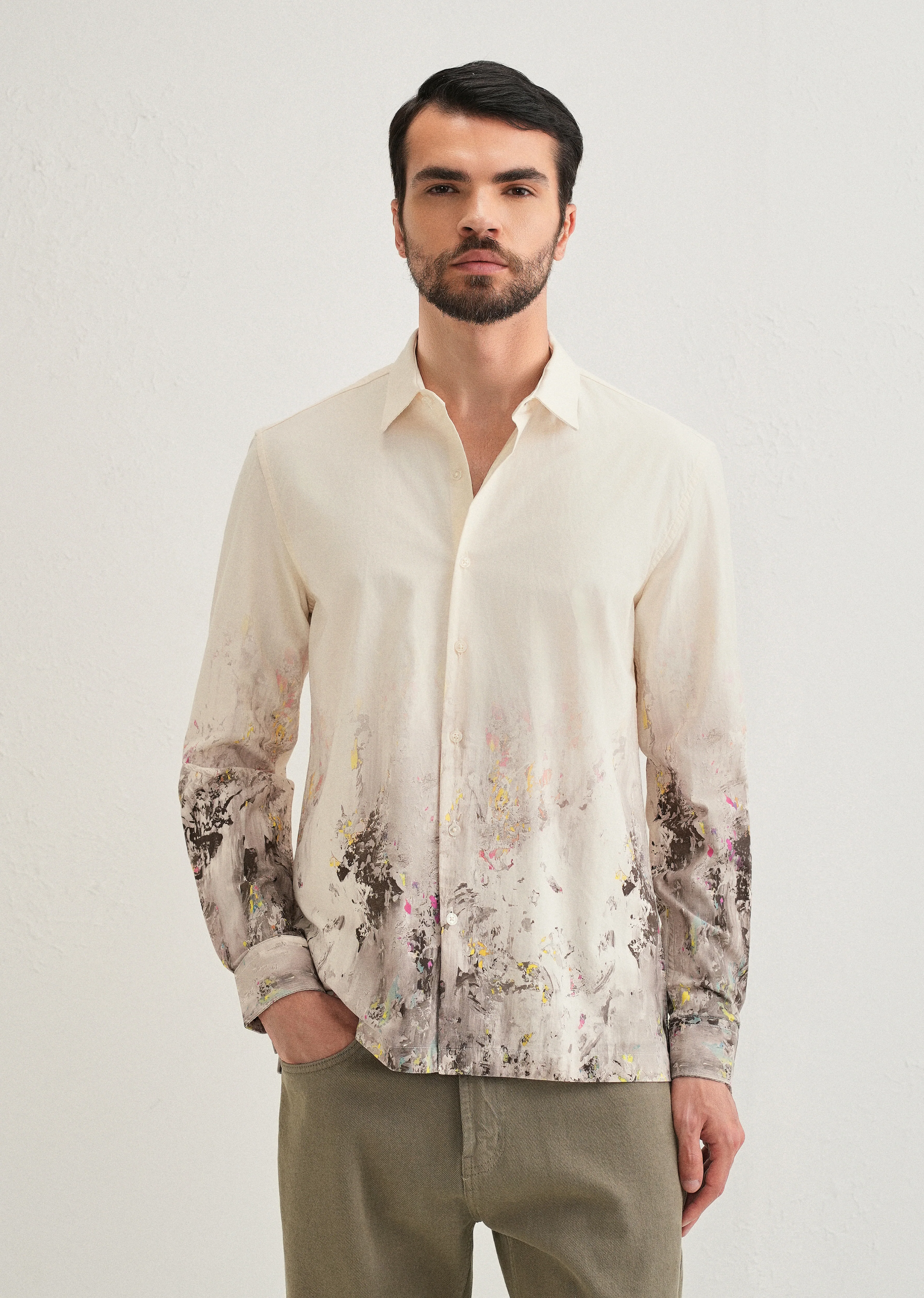 Beige Grey Splatter Printed Shirt - Image 7