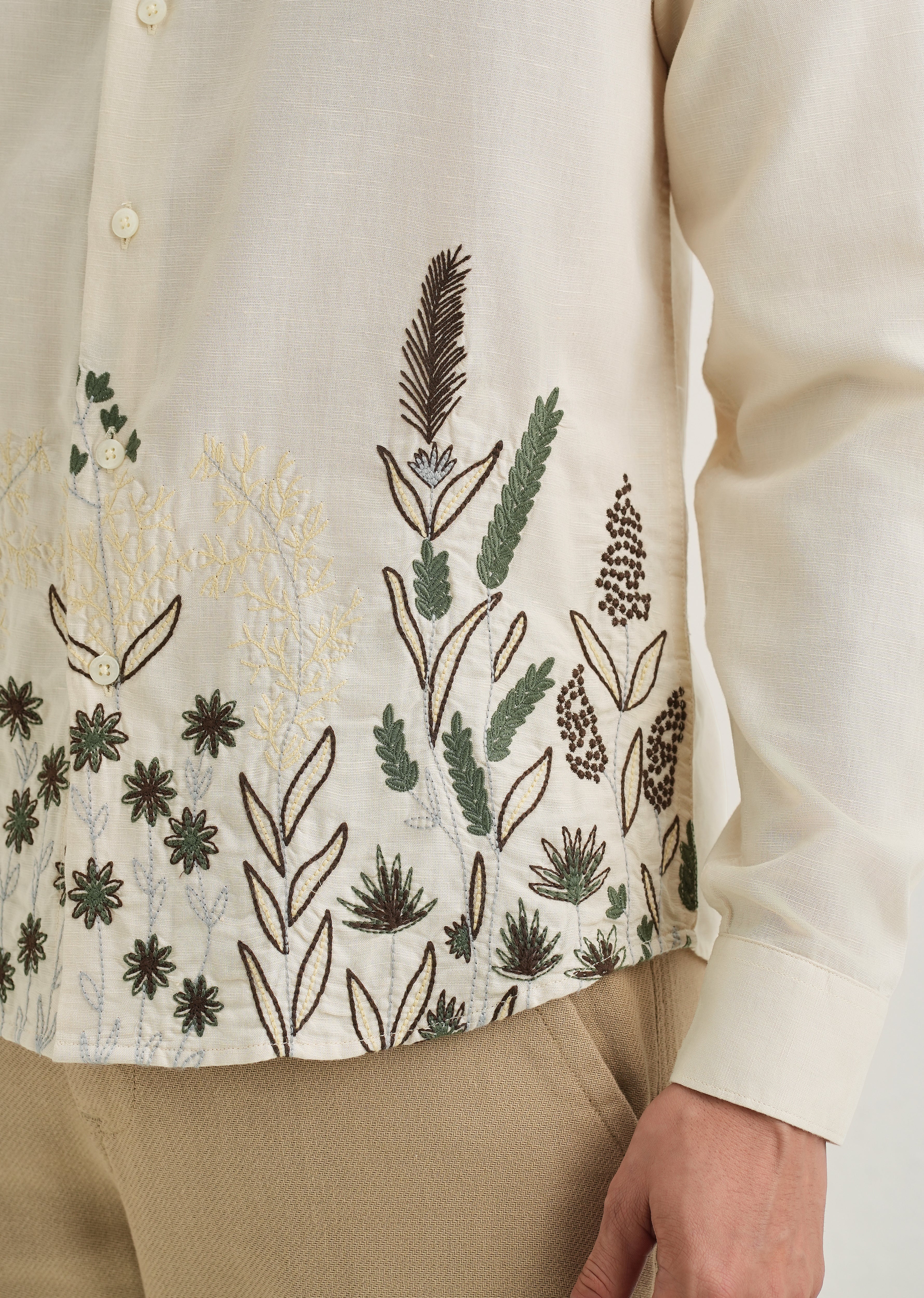 Beige Hem Embroidery Cotton Linen Shirt - Image 3