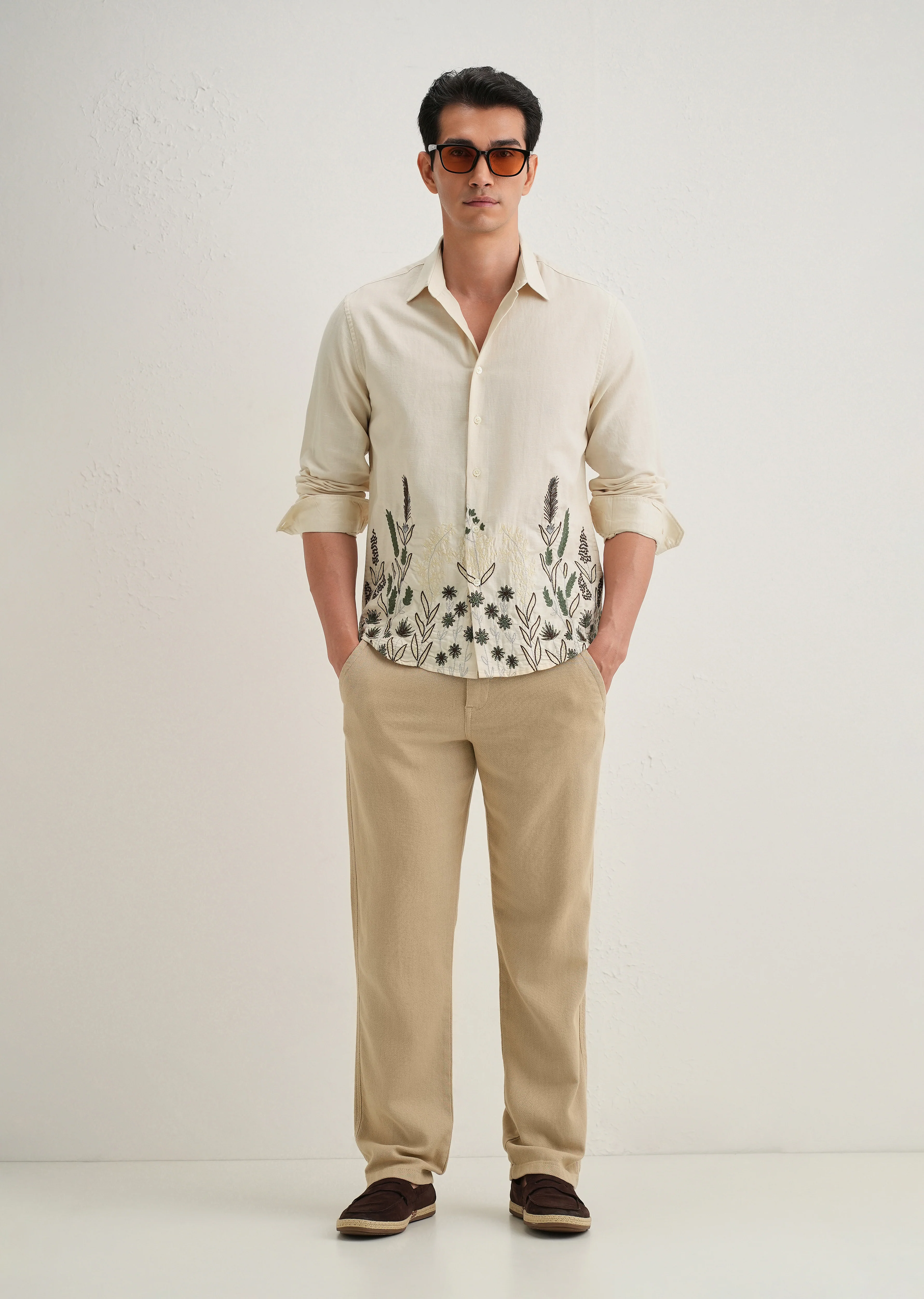 Beige Hem Embroidery Cotton Linen Shirt - Image 7