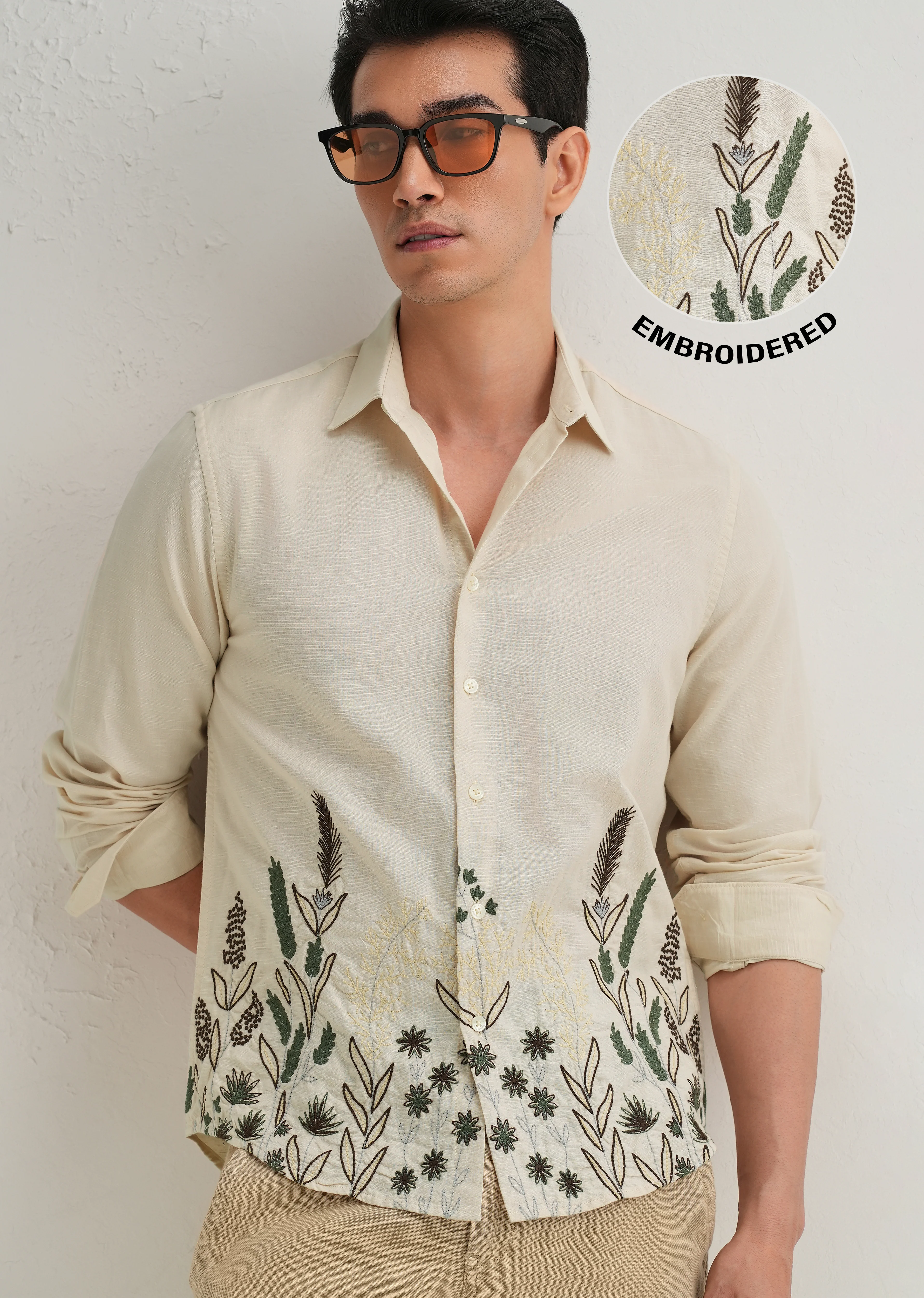 Beige Hem Embroidery Cotton Linen Shirt - Image 8