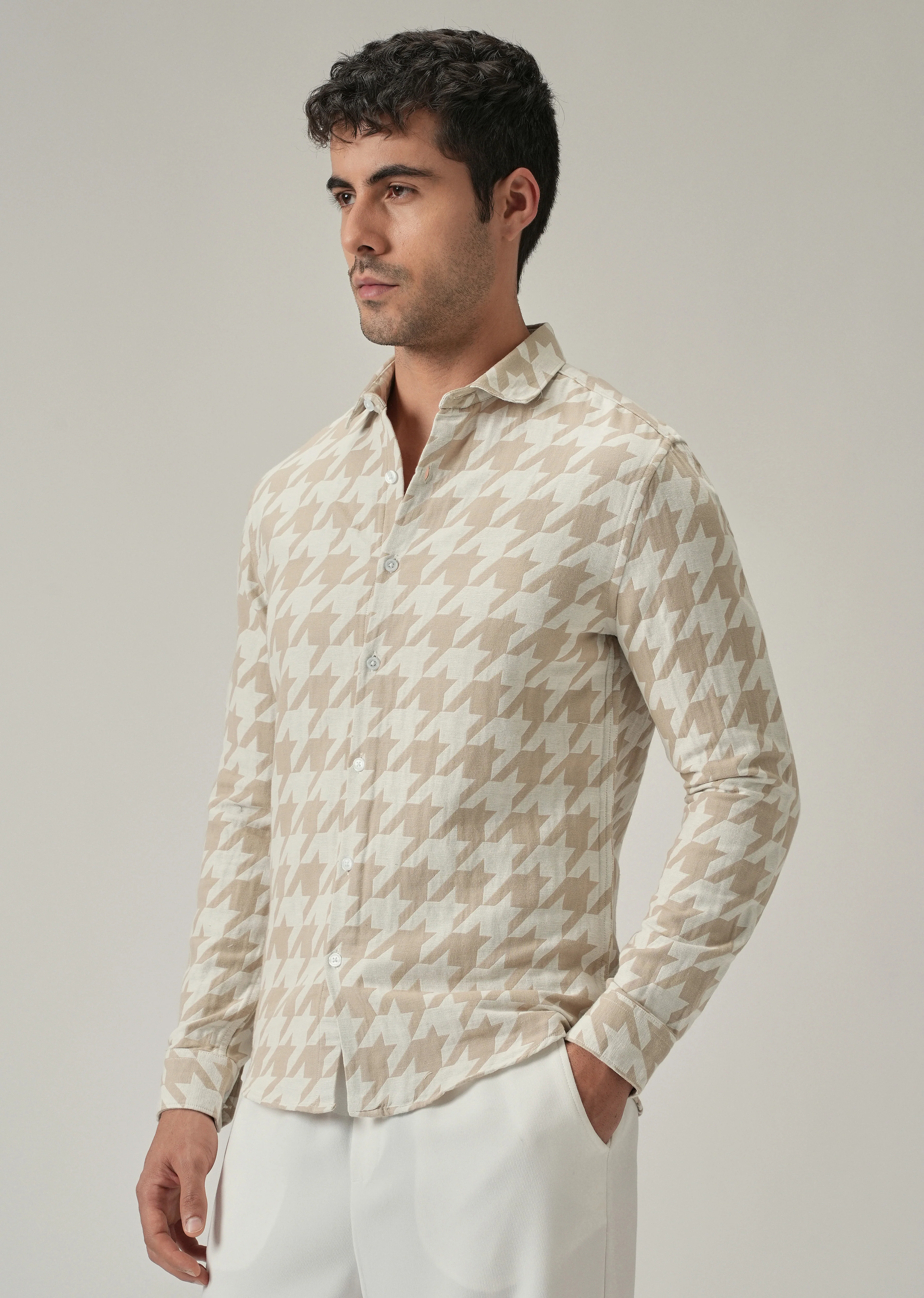 Beige Herringbone Pattern Shirt - Image 4