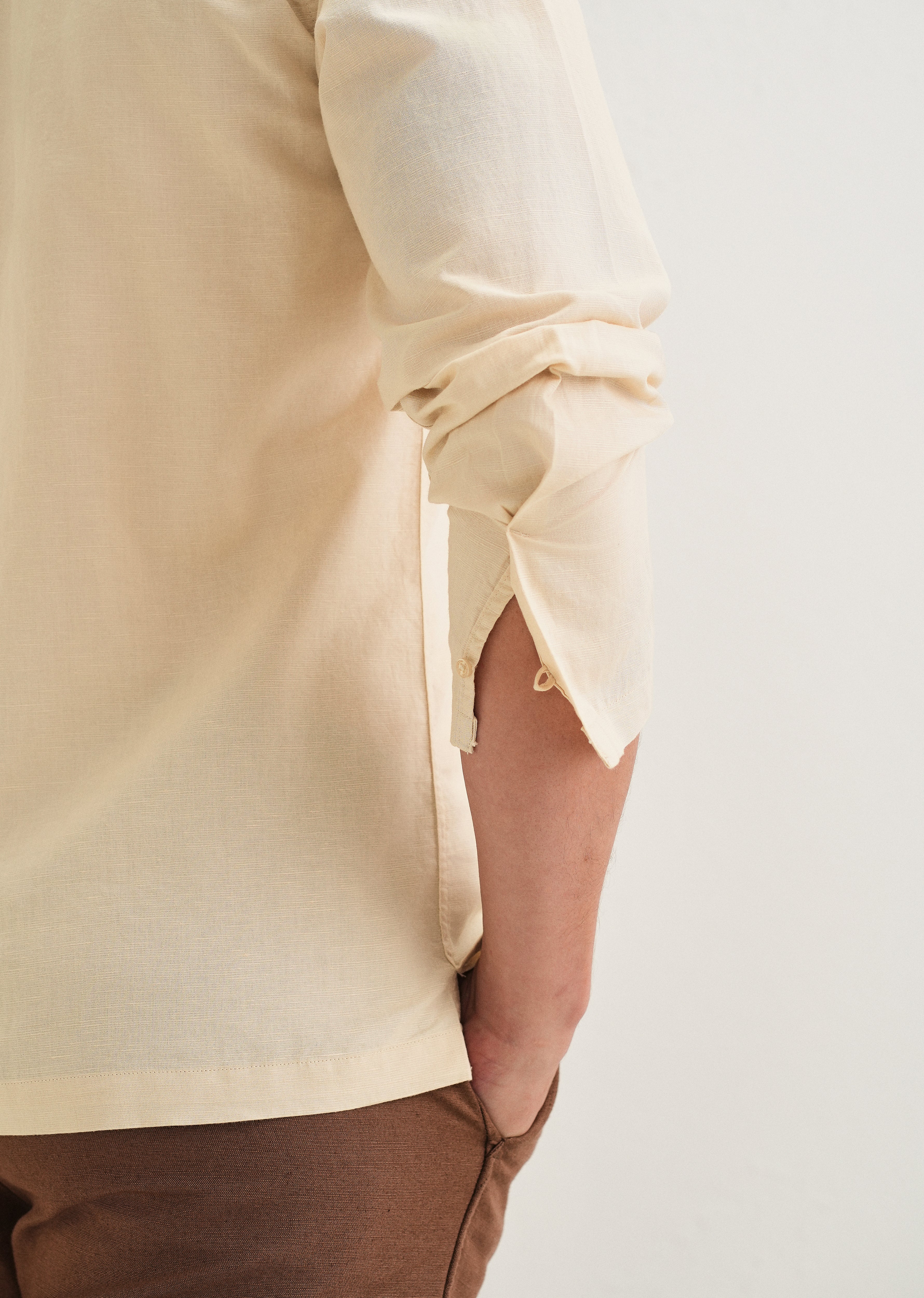 Beige Hidden Sleeve Placket Cotton Linen Shirt - Image 2