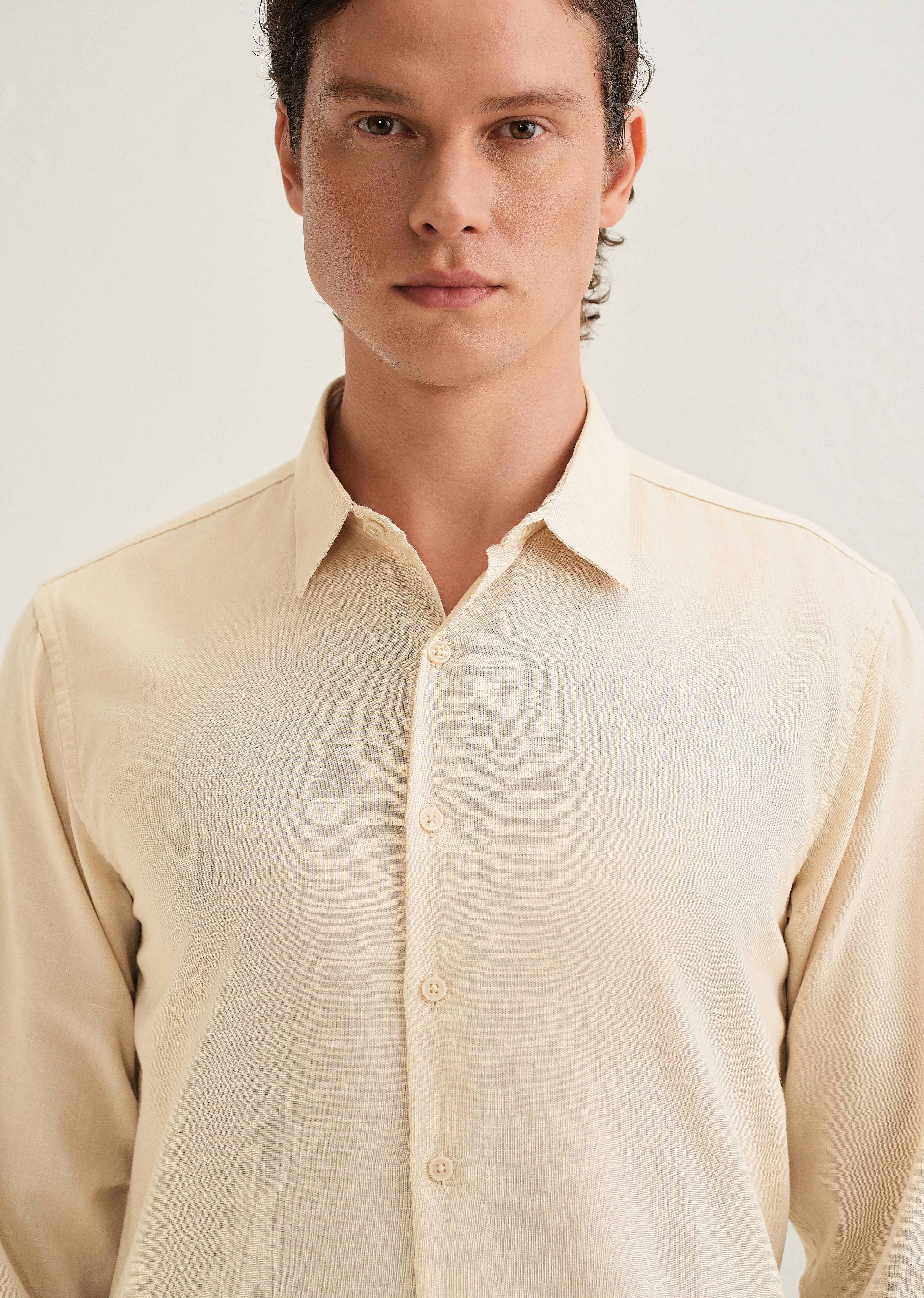 Beige Hidden Sleeve Placket Cotton Linen Shirt - Image 6