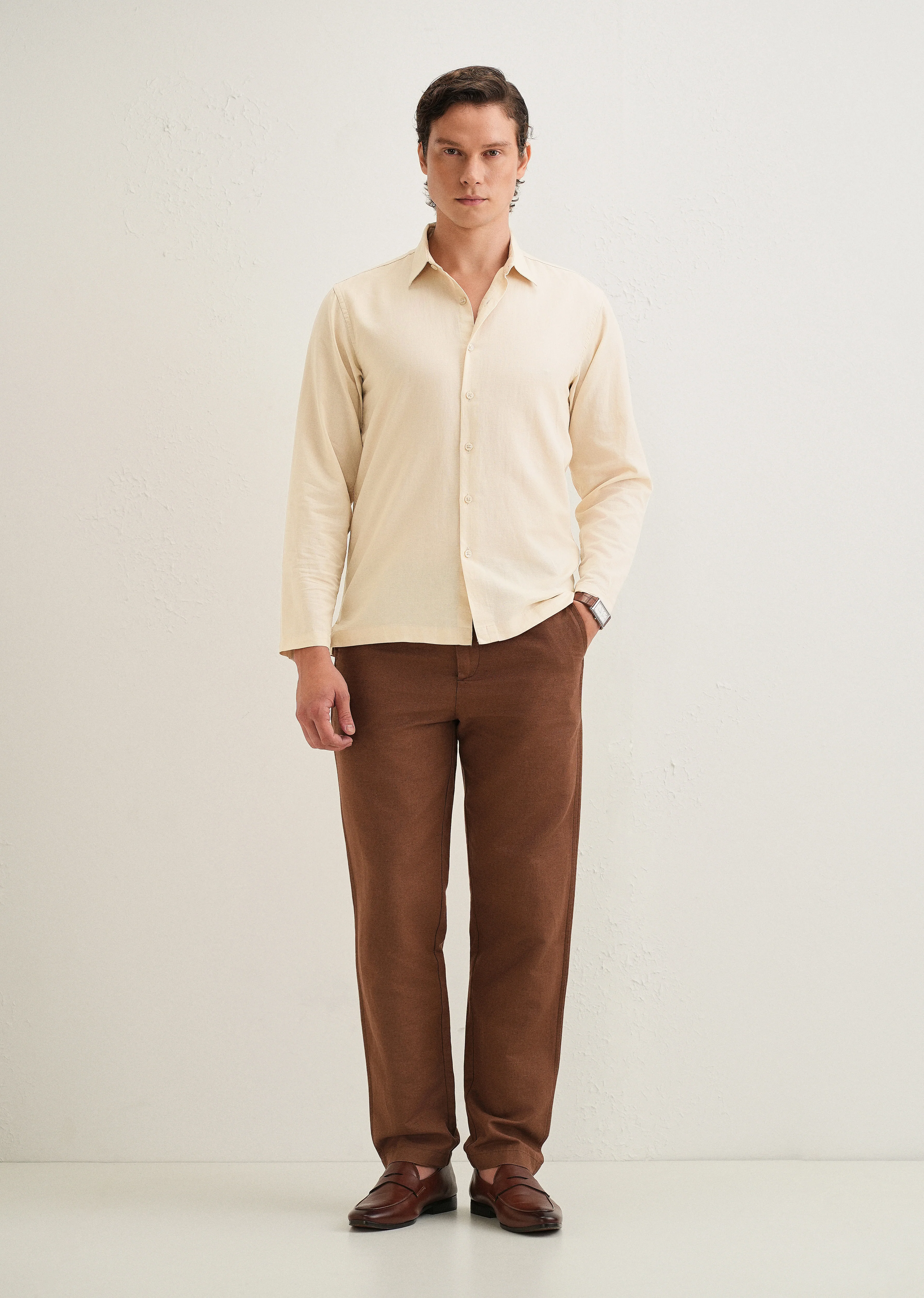 Beige Hidden Sleeve Placket Cotton Linen Shirt - Image 8