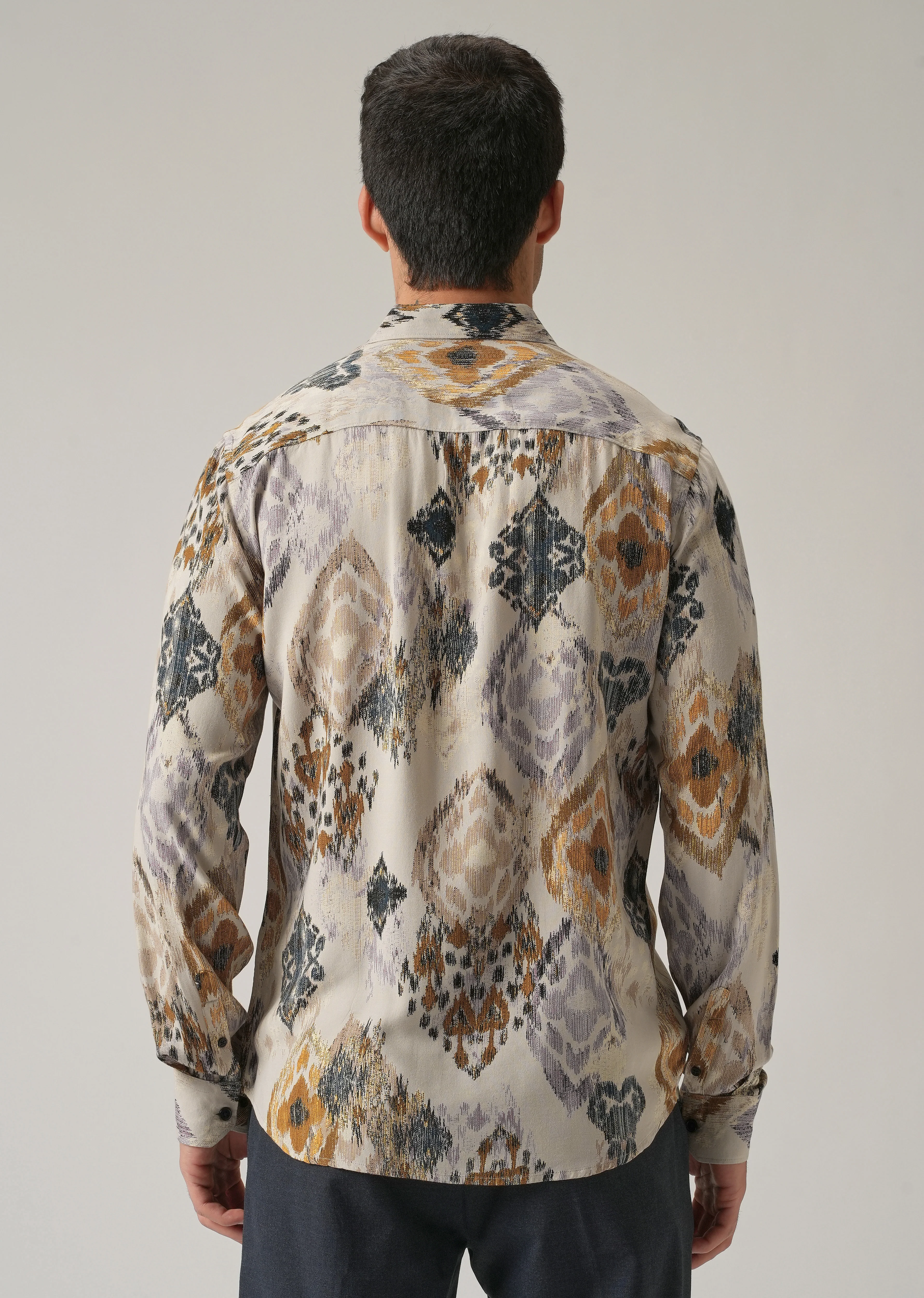 Beige Ikat Motif Print Feather Shirt - Image 2