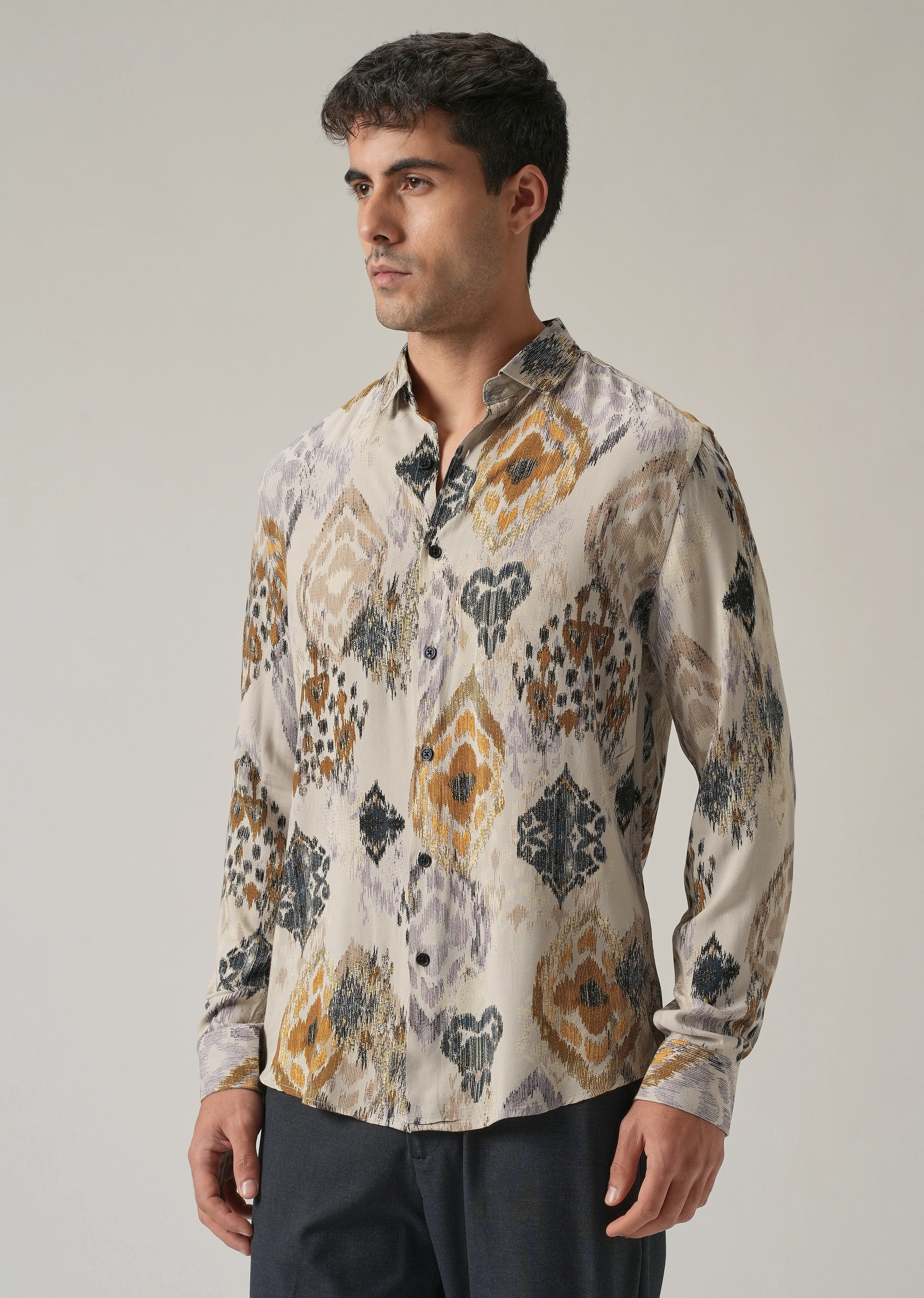 Beige Ikat Motif Print Feather Shirt - Image 3