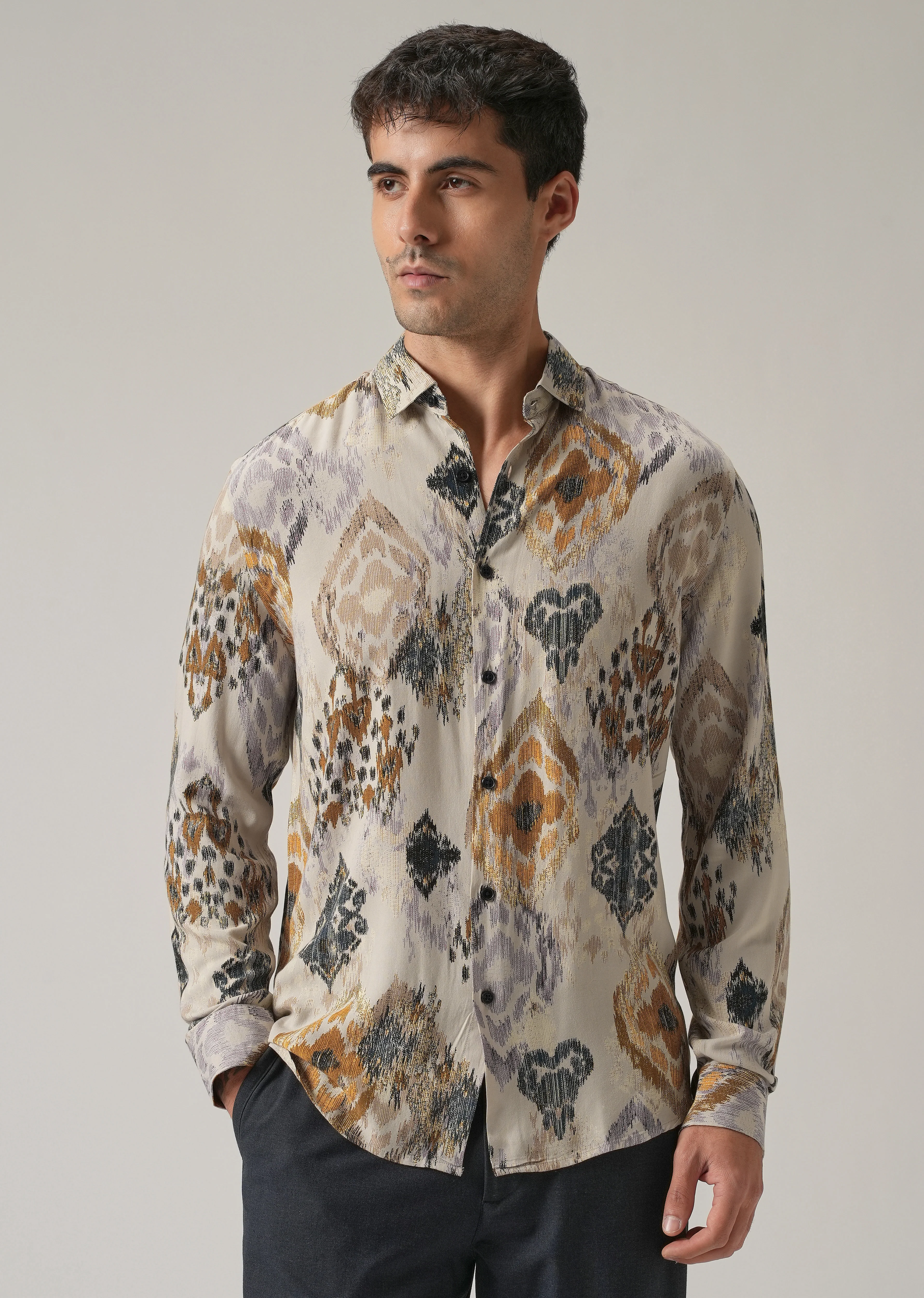 Beige Ikat Motif Print Feather Shirt - Image 4