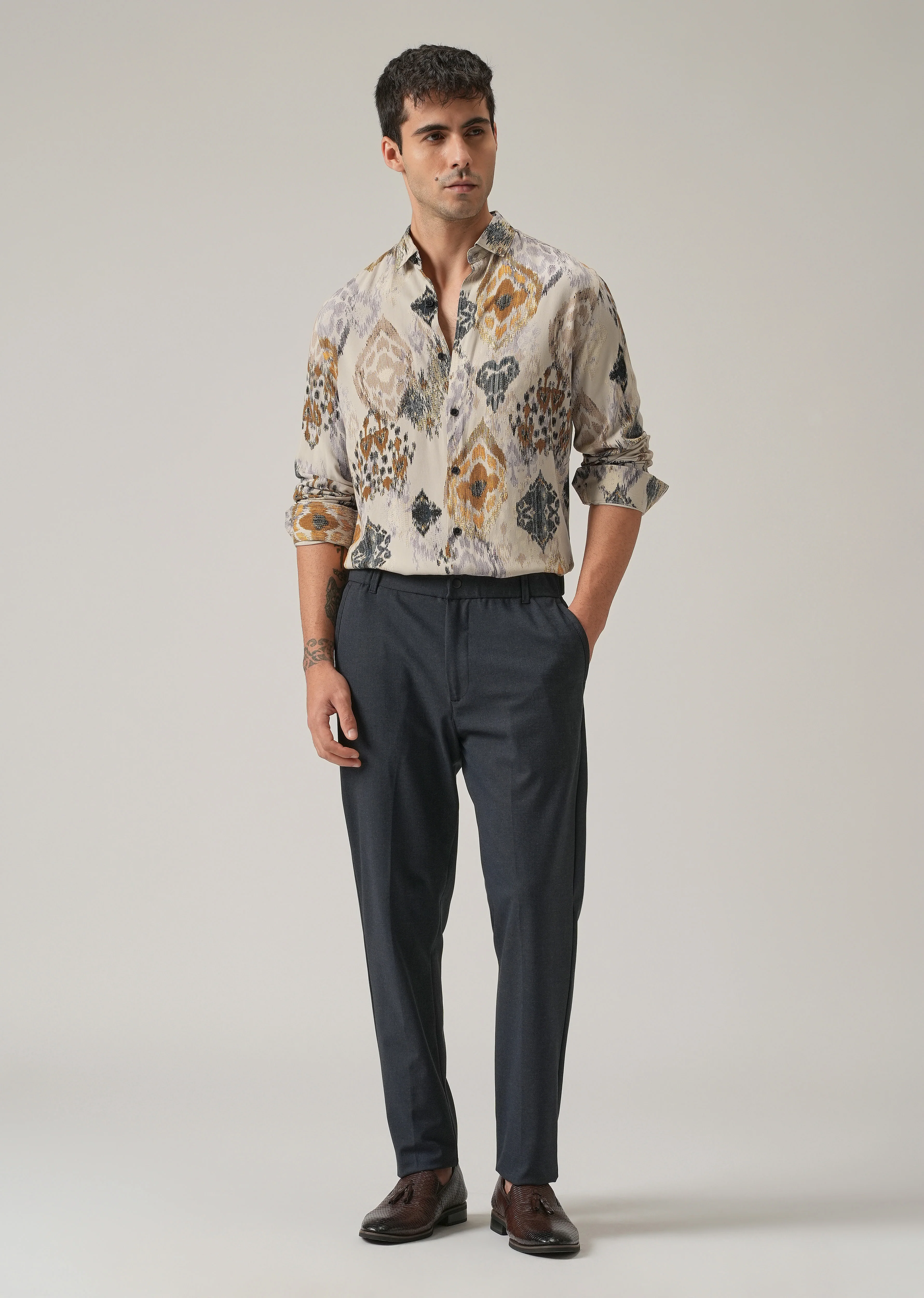 Beige Ikat Motif Print Feather Shirt - Image 6