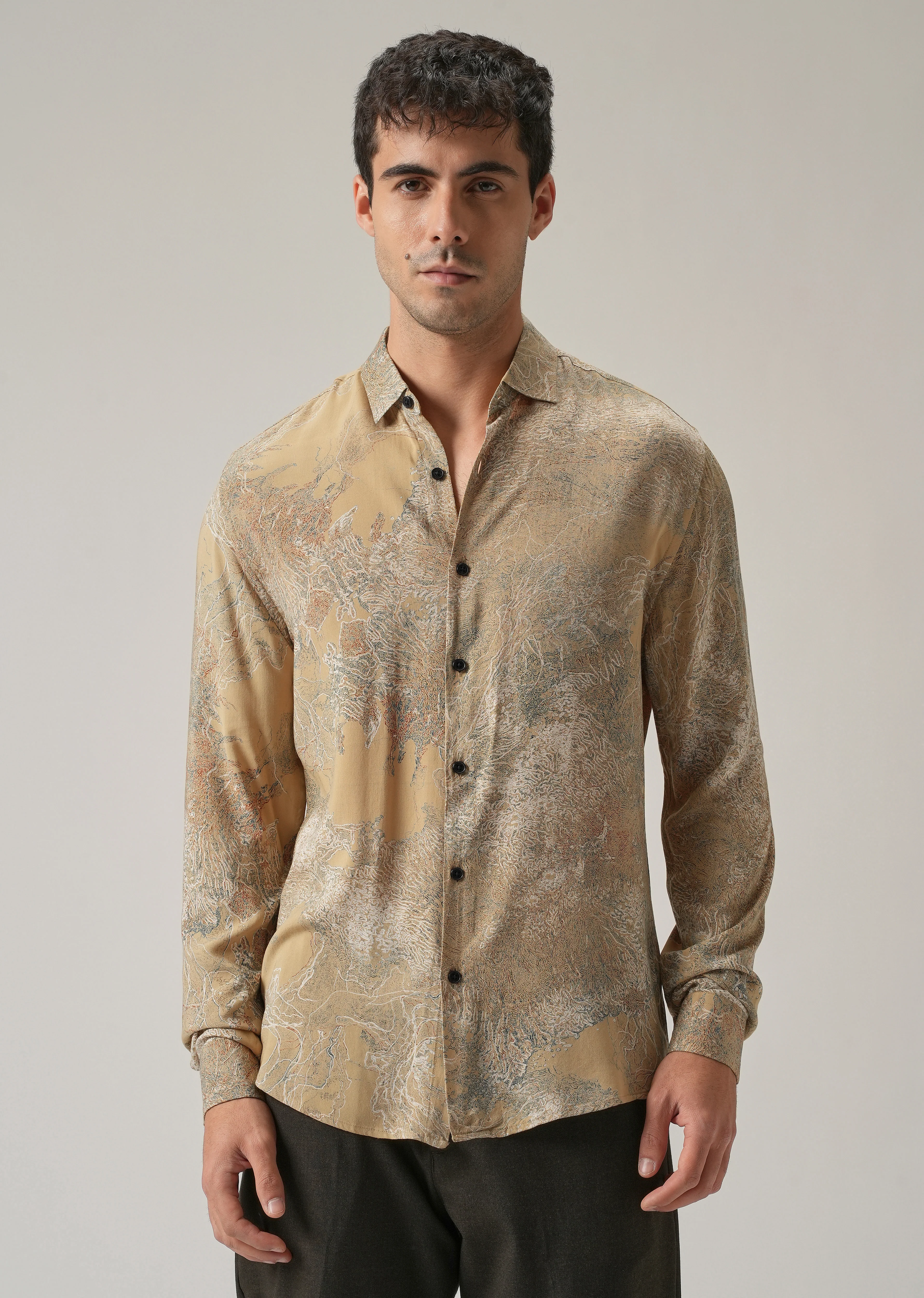 Beige Intricate Print Feather Shirt - Image 3
