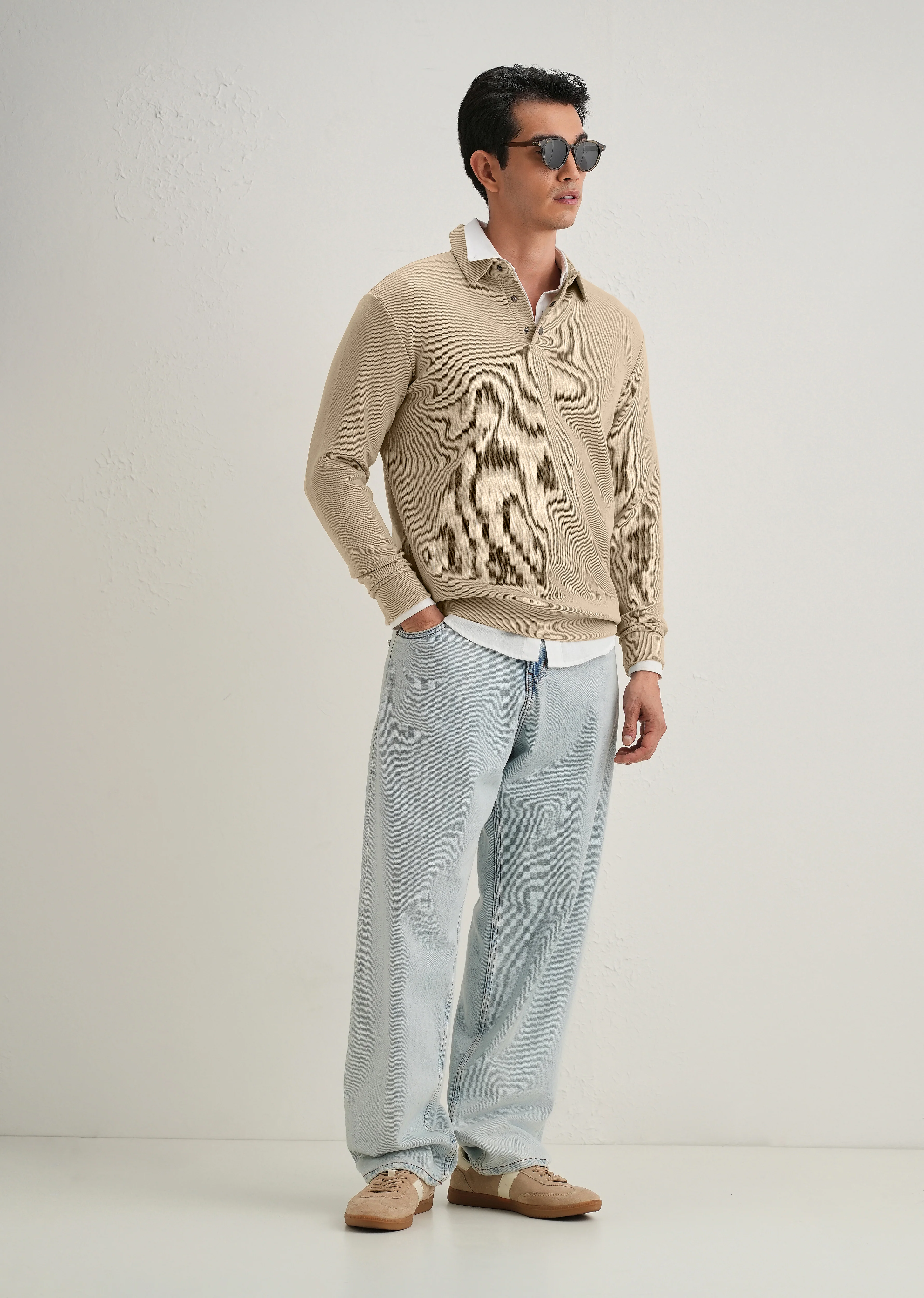 Beige Knitted Polo Sweatshirt - Image 8