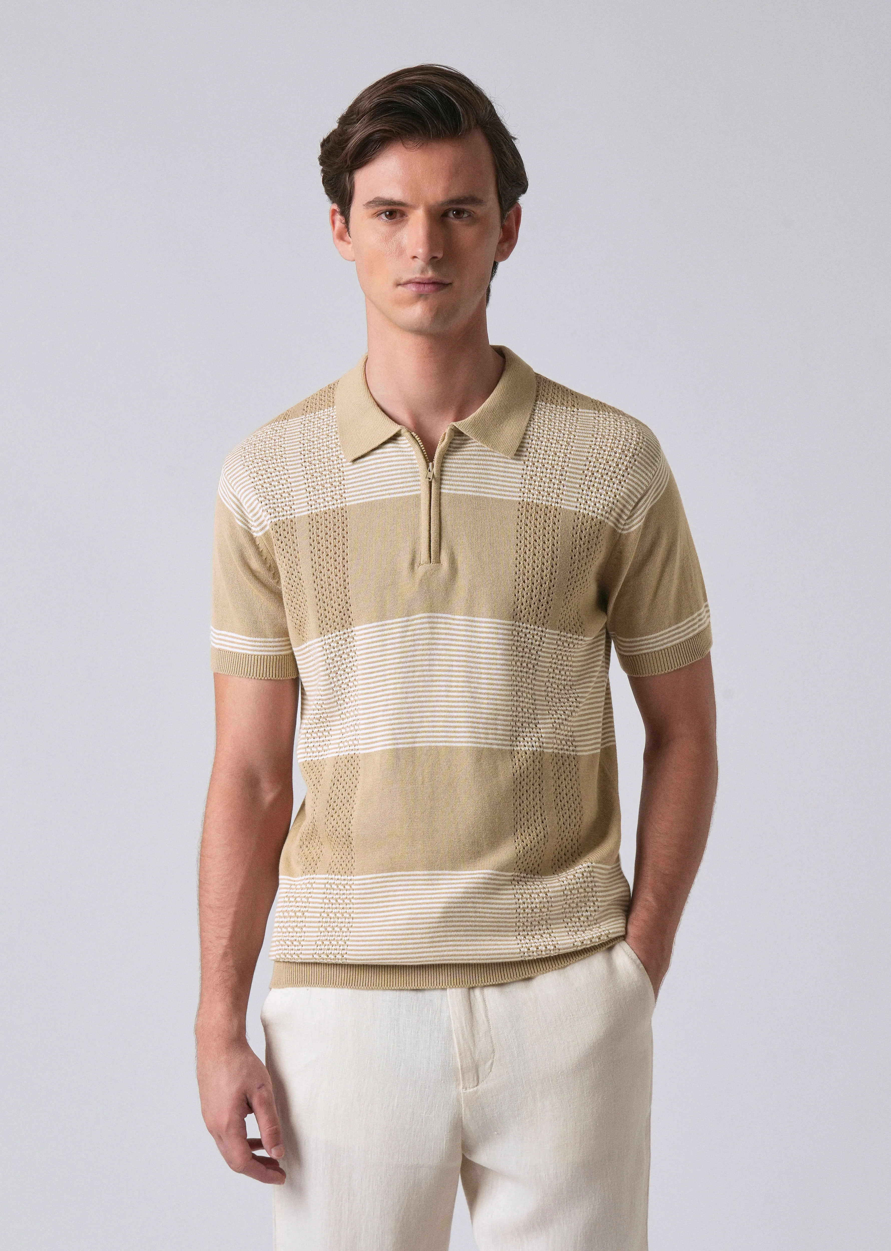 Beige Knitted Polo Zipper T-shirt - Image 3