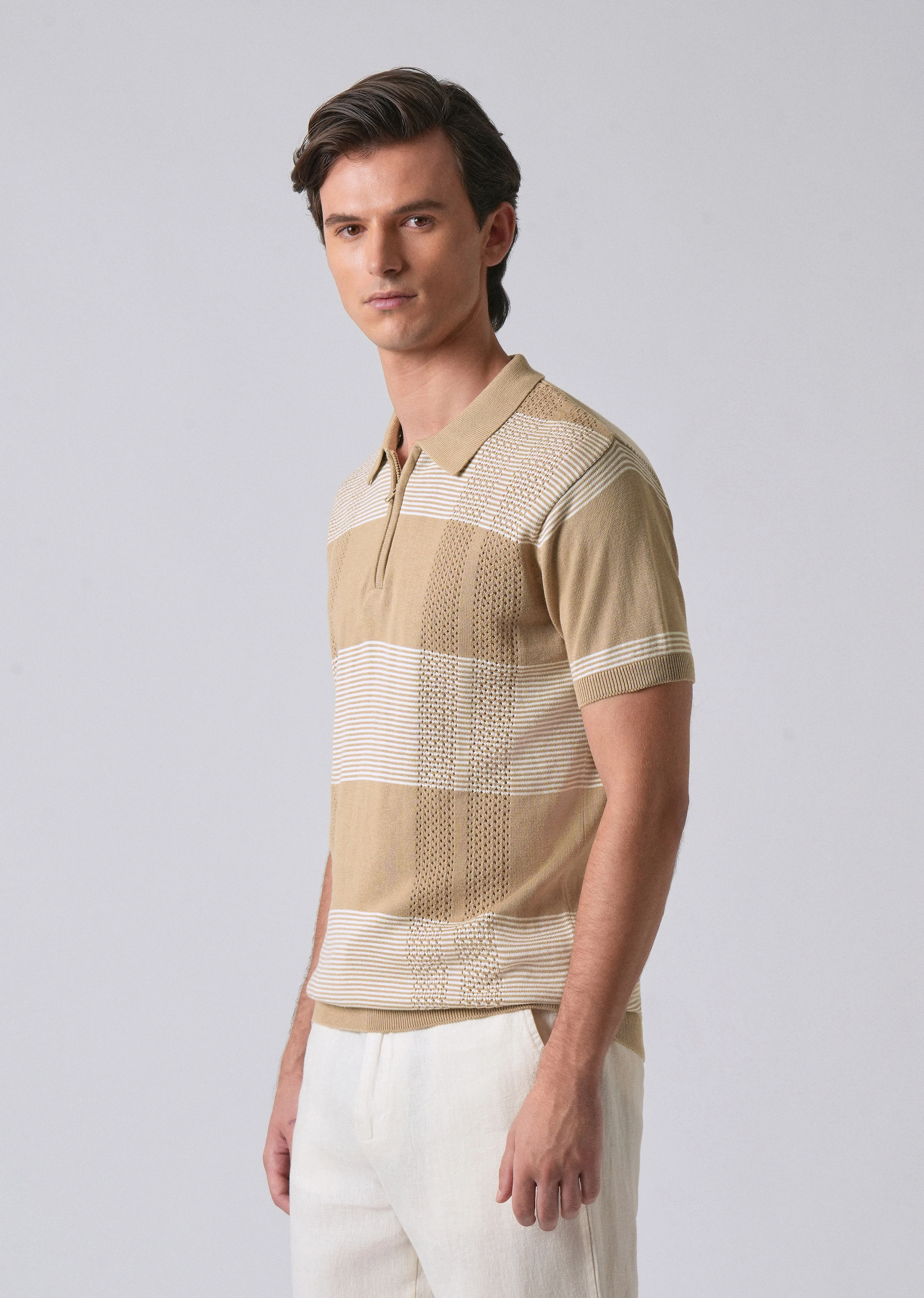 Beige Knitted Polo Zipper T-shirt - Image 4