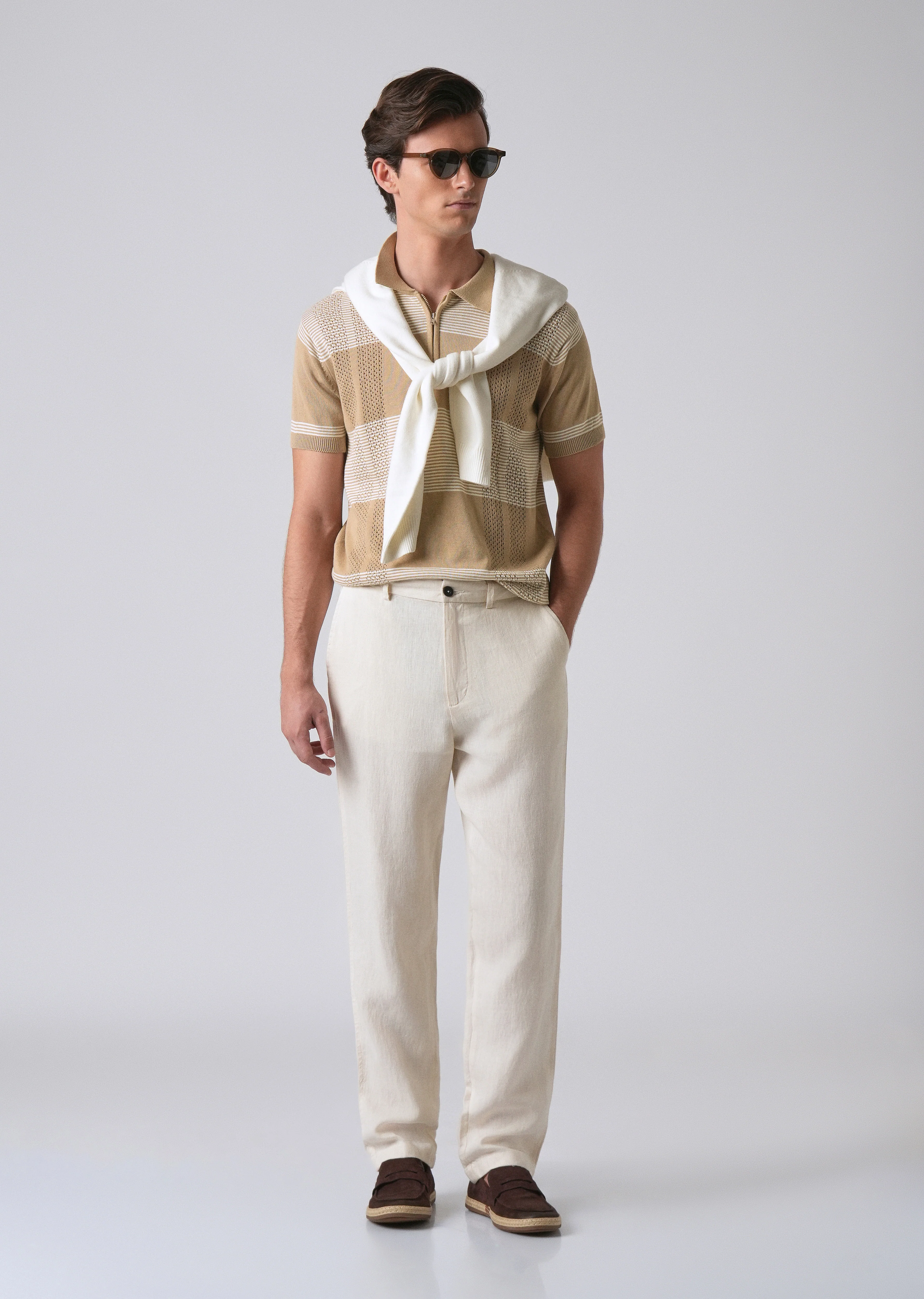 Beige Knitted Polo Zipper T-shirt - Image 6
