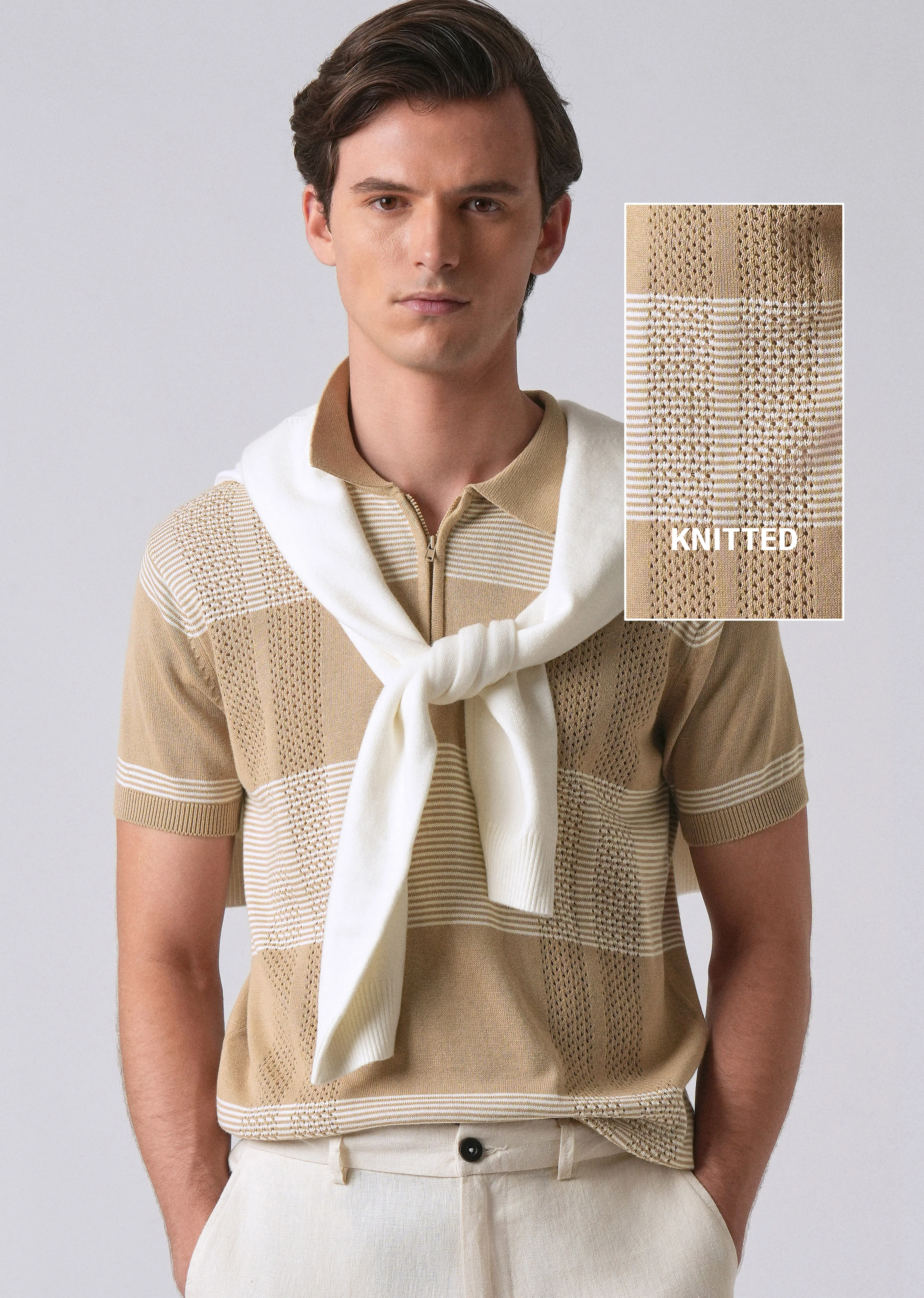 Beige Knitted Polo Zipper T-shirt - Image 7