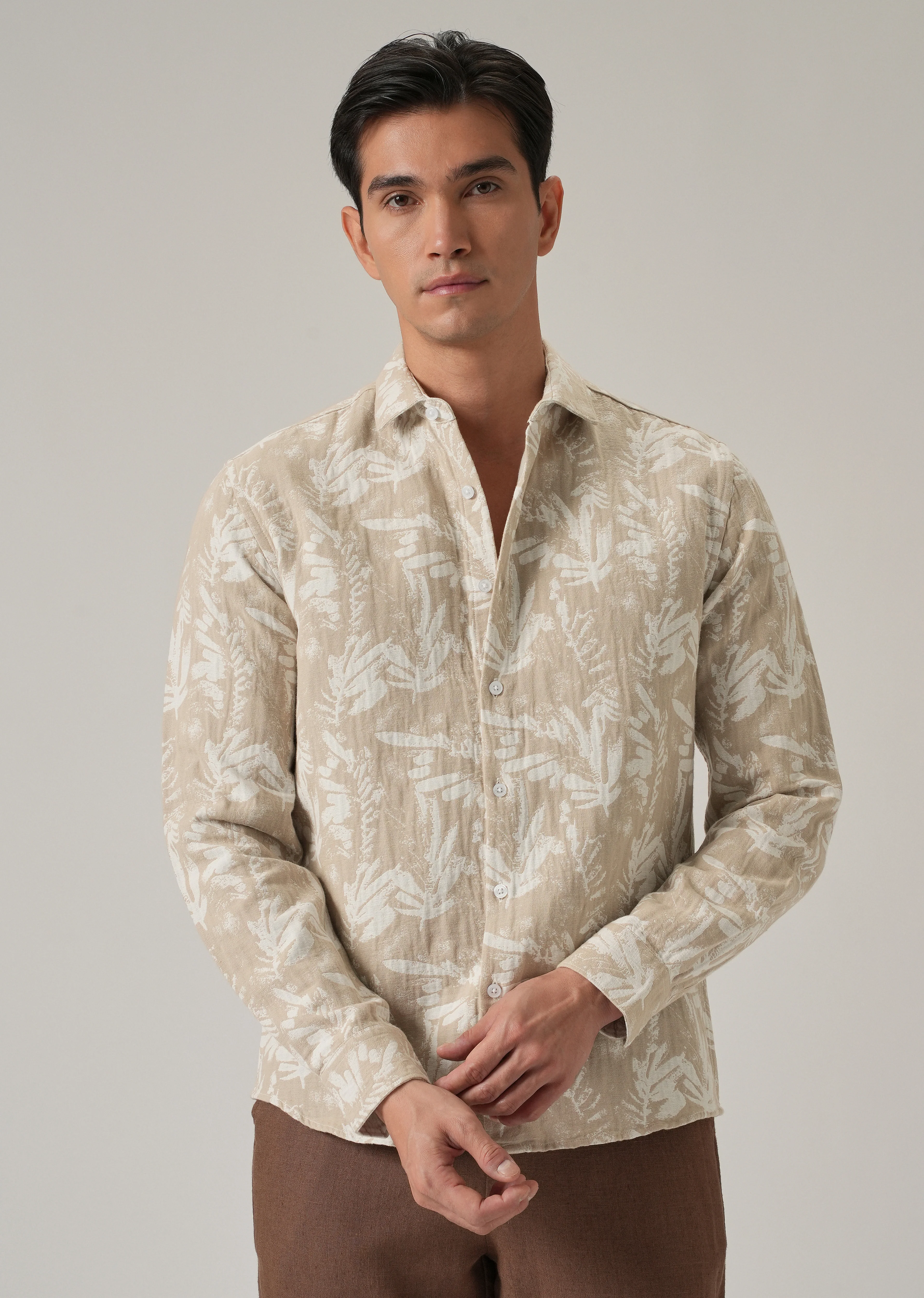 Beige Leaf Pattern Shirt - Image 3
