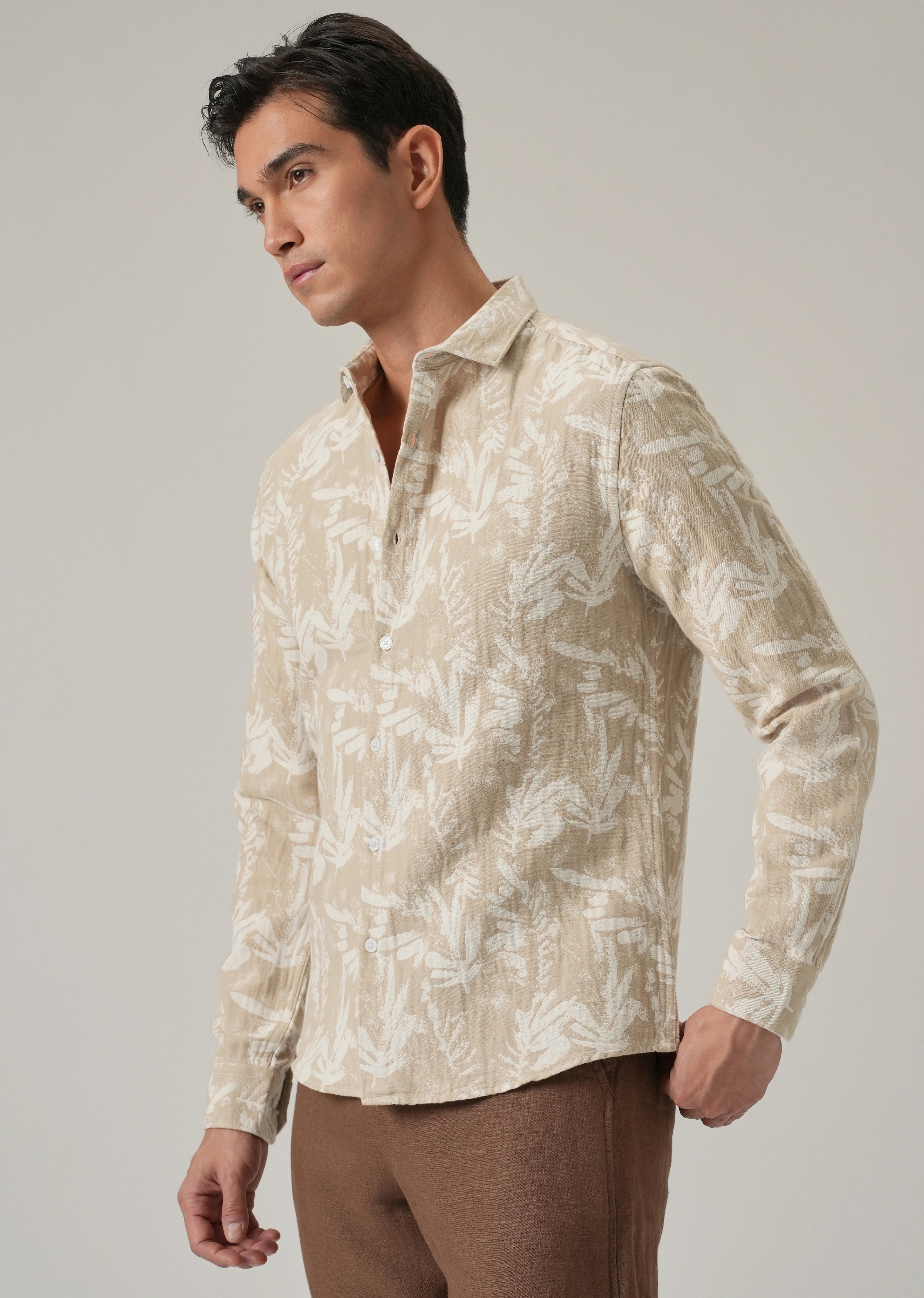 Beige Leaf Pattern Shirt - Image 4