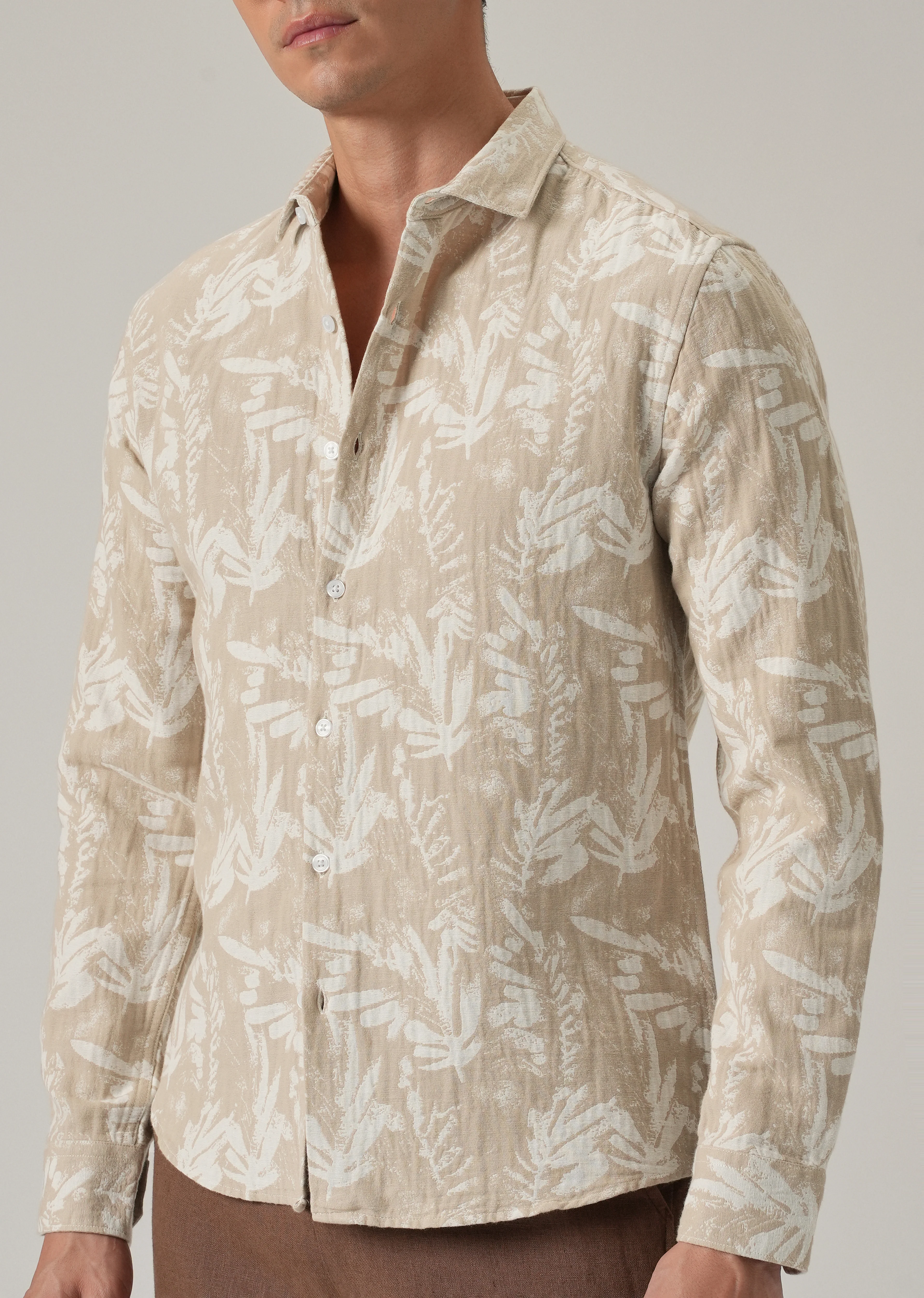 Beige Leaf Pattern Shirt - Image 7