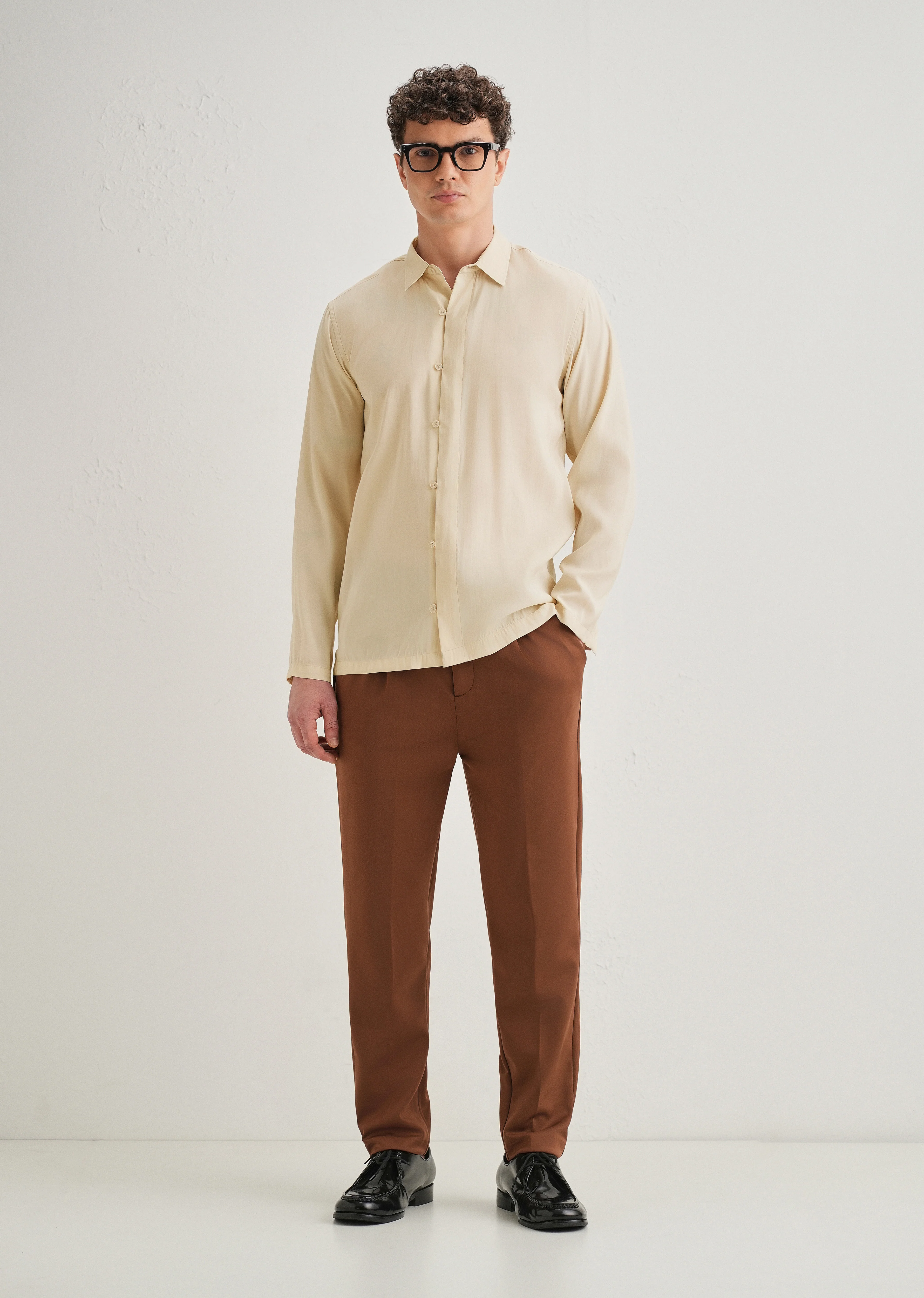 Beige Loop Button-Down Plain Shirt - Image 7