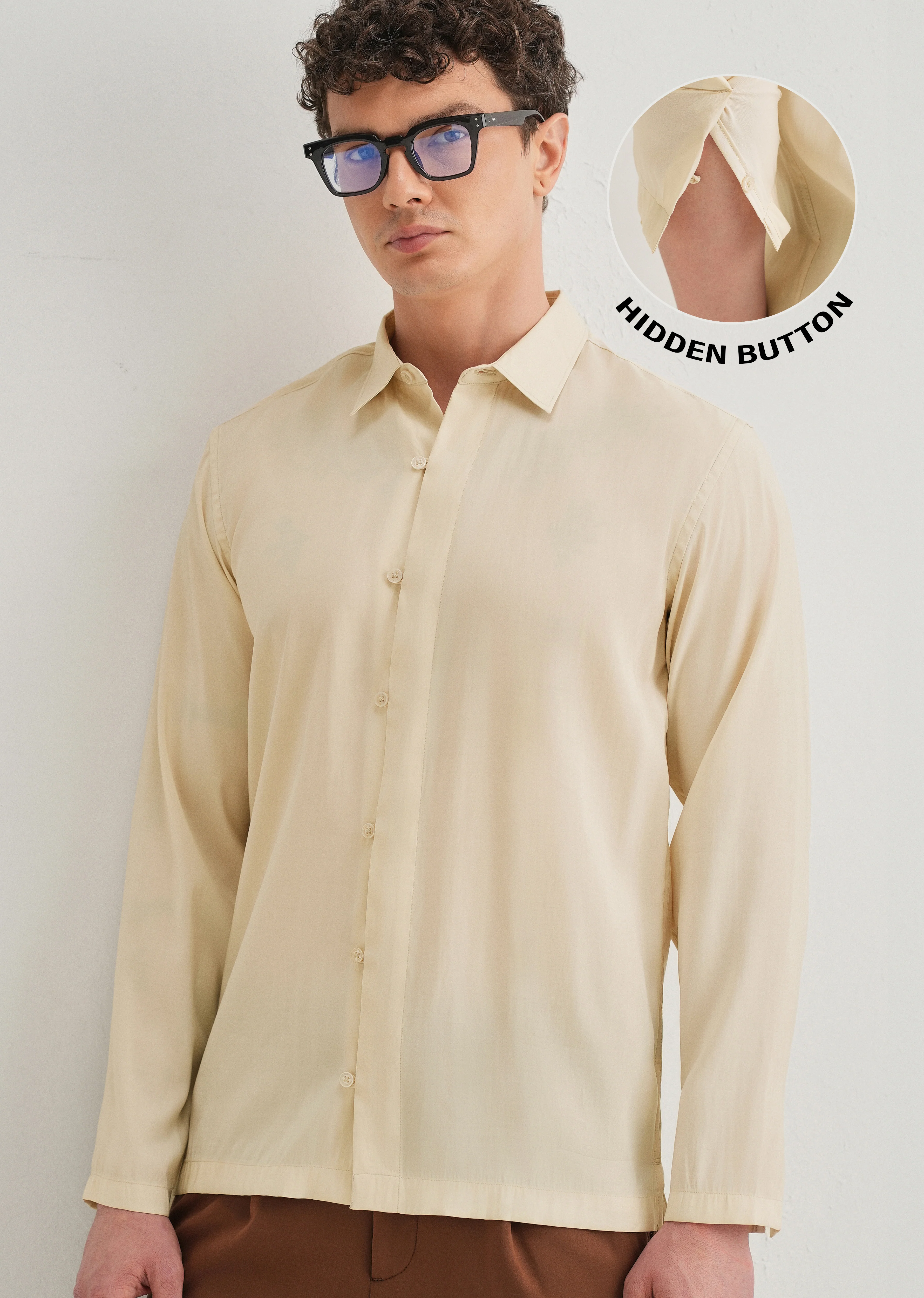 Beige Loop Button-Down Plain Shirt - Image 8
