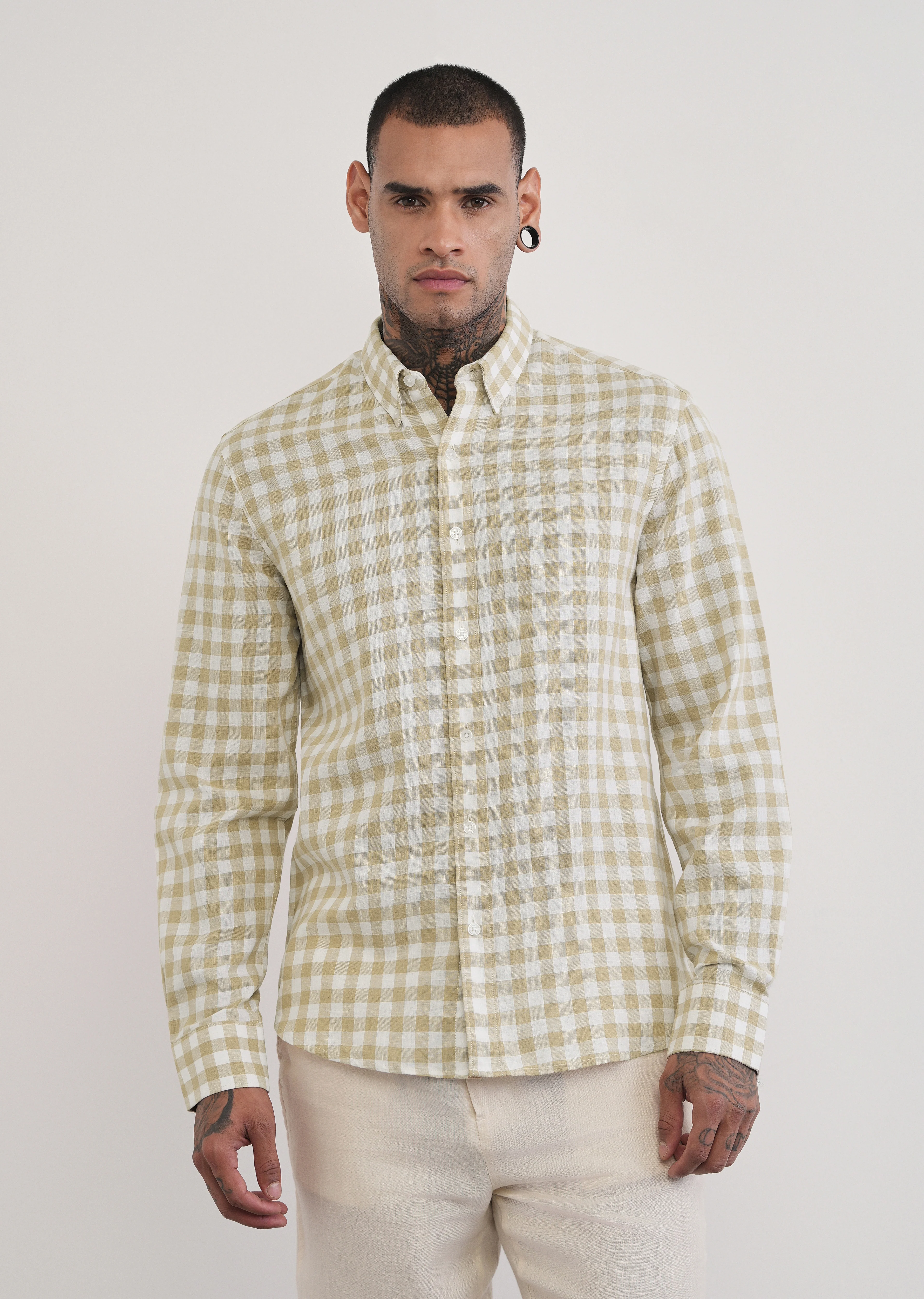 Beige Lyocell Linen Blend Check Shirt - Image 3