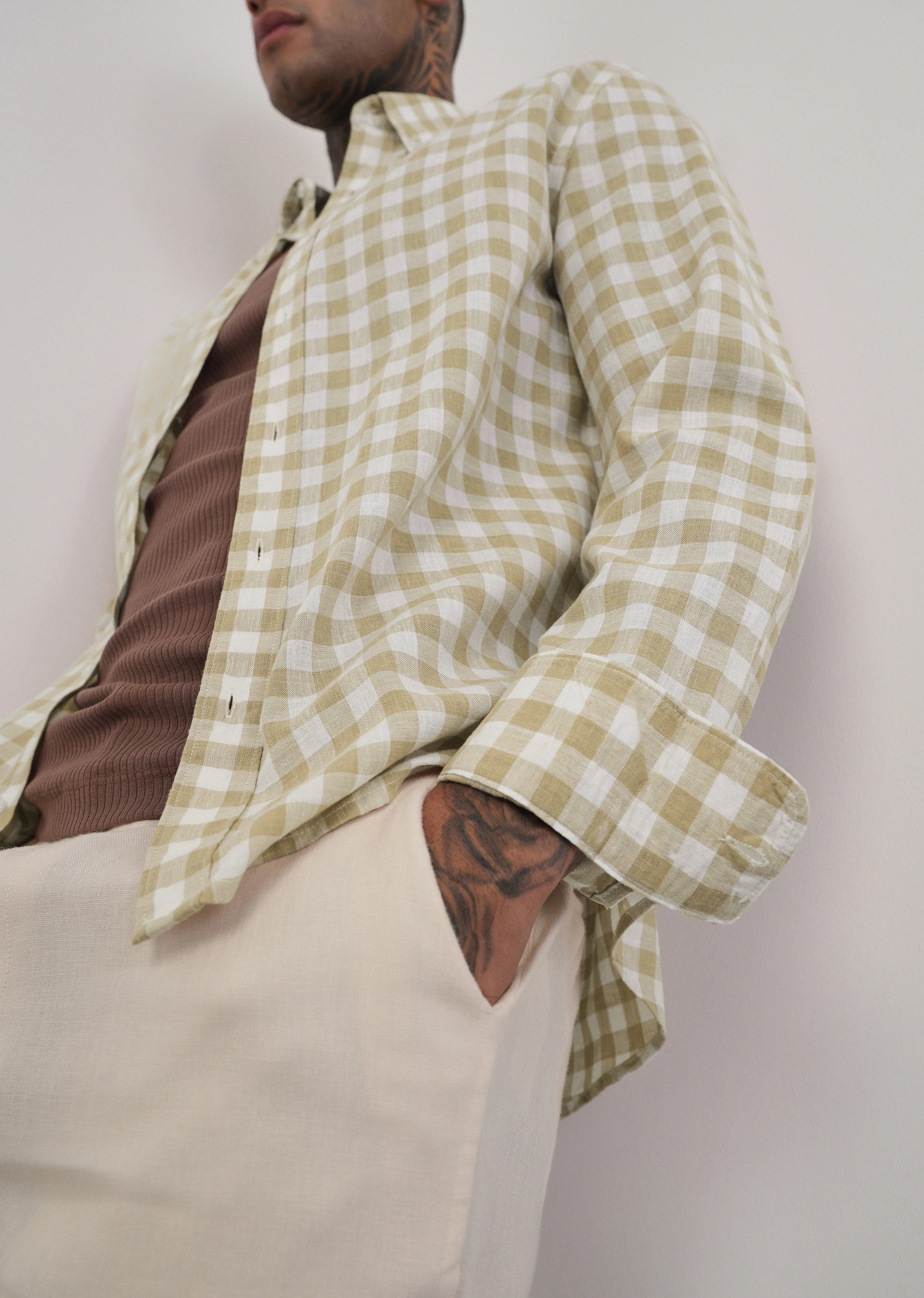 Beige Lyocell Linen Blend Check Shirt - Image 5