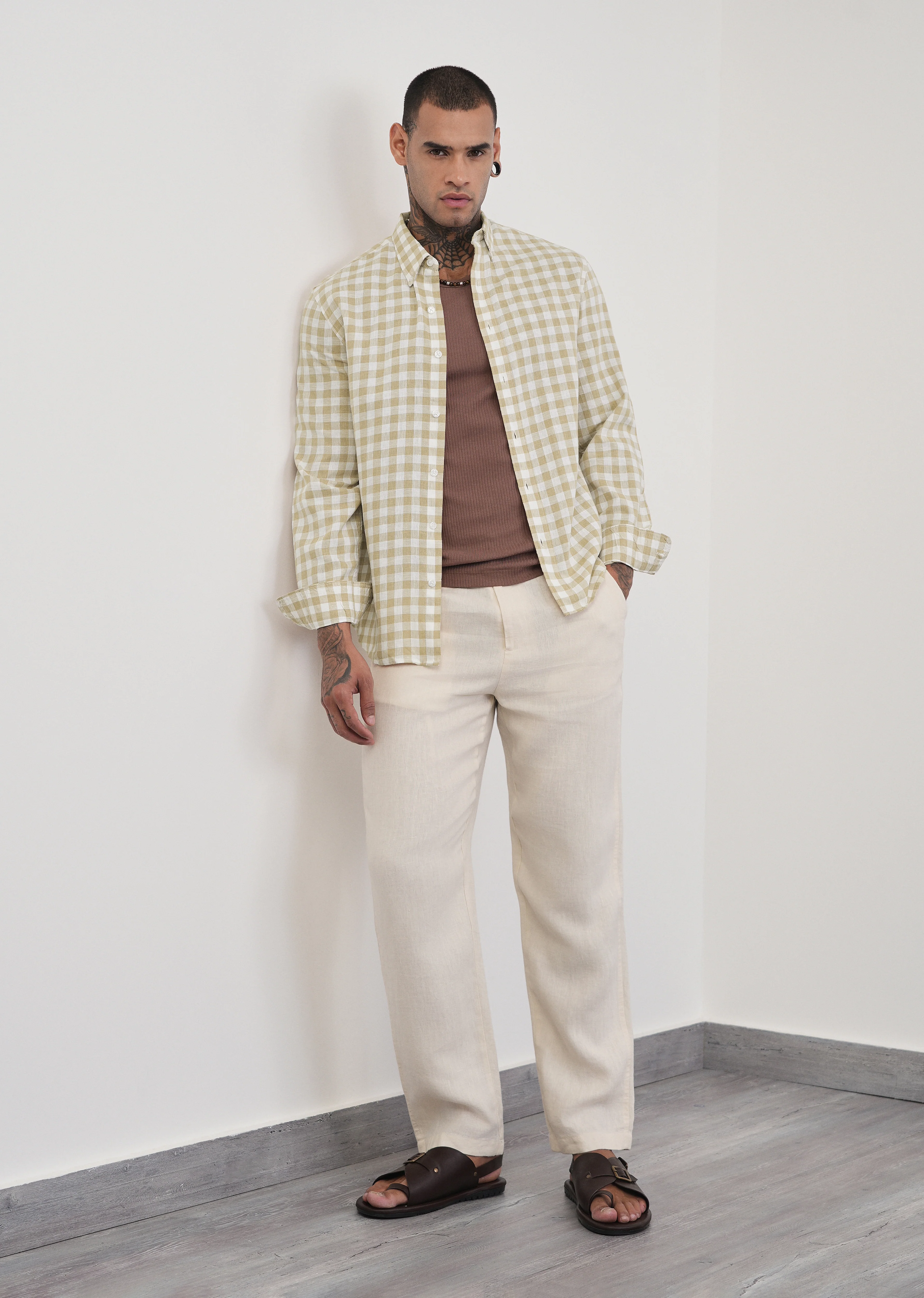 Beige Lyocell Linen Blend Check Shirt - Image 6