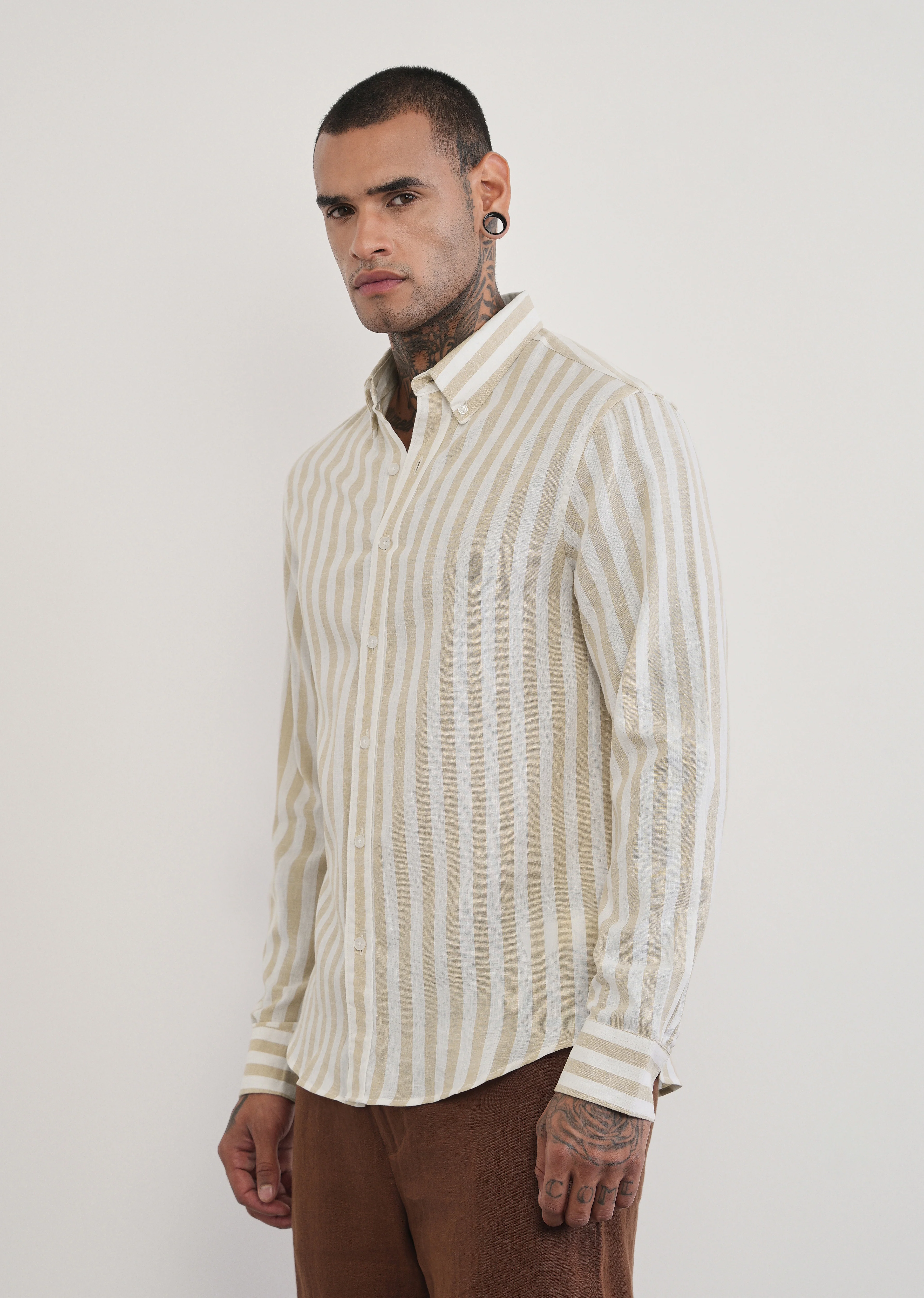 Beige Lyocell Linen Blend Stripe Shirt - Image 4