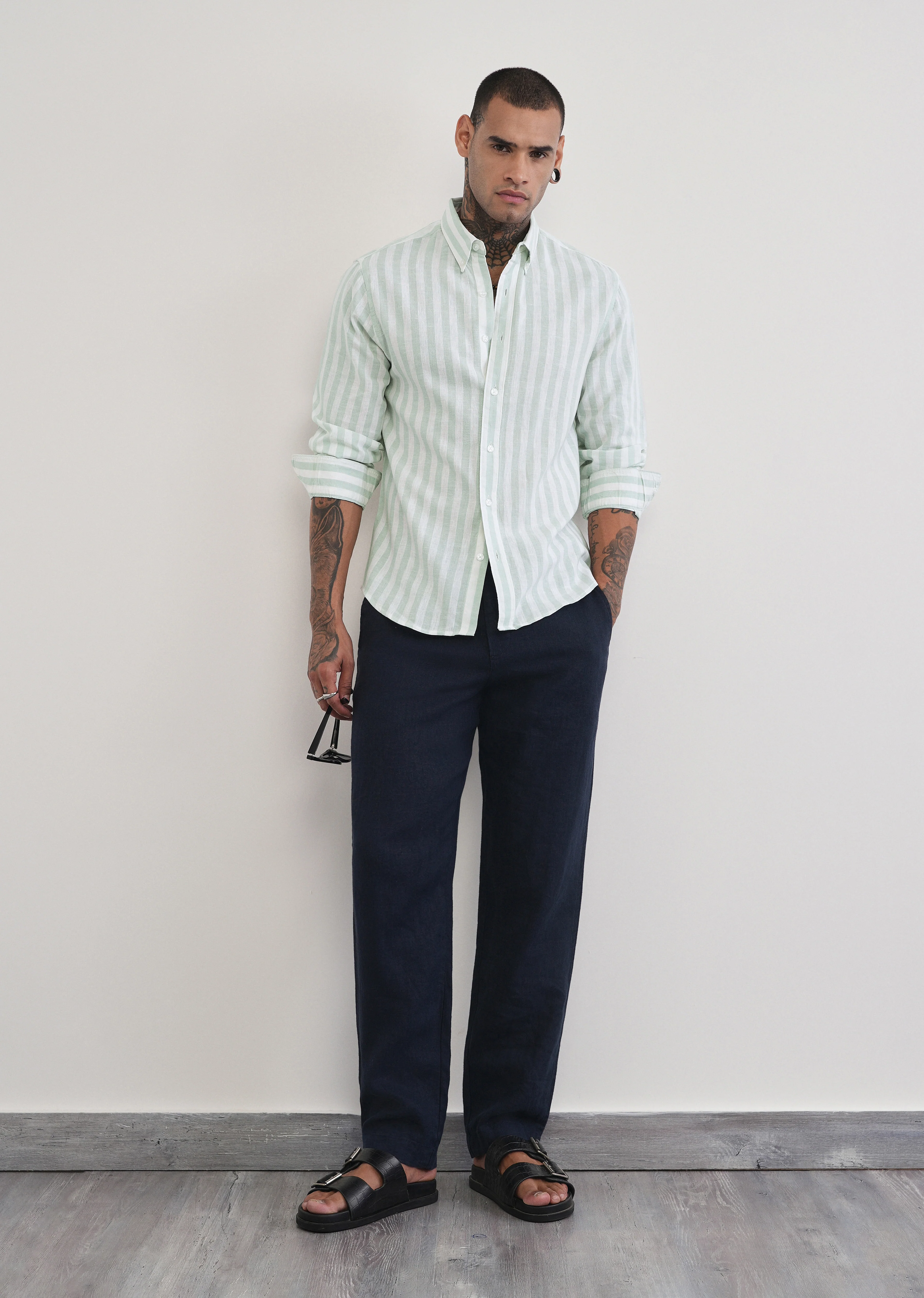 Green Lyocell Linen Blend Stripe Shirt - Image 6