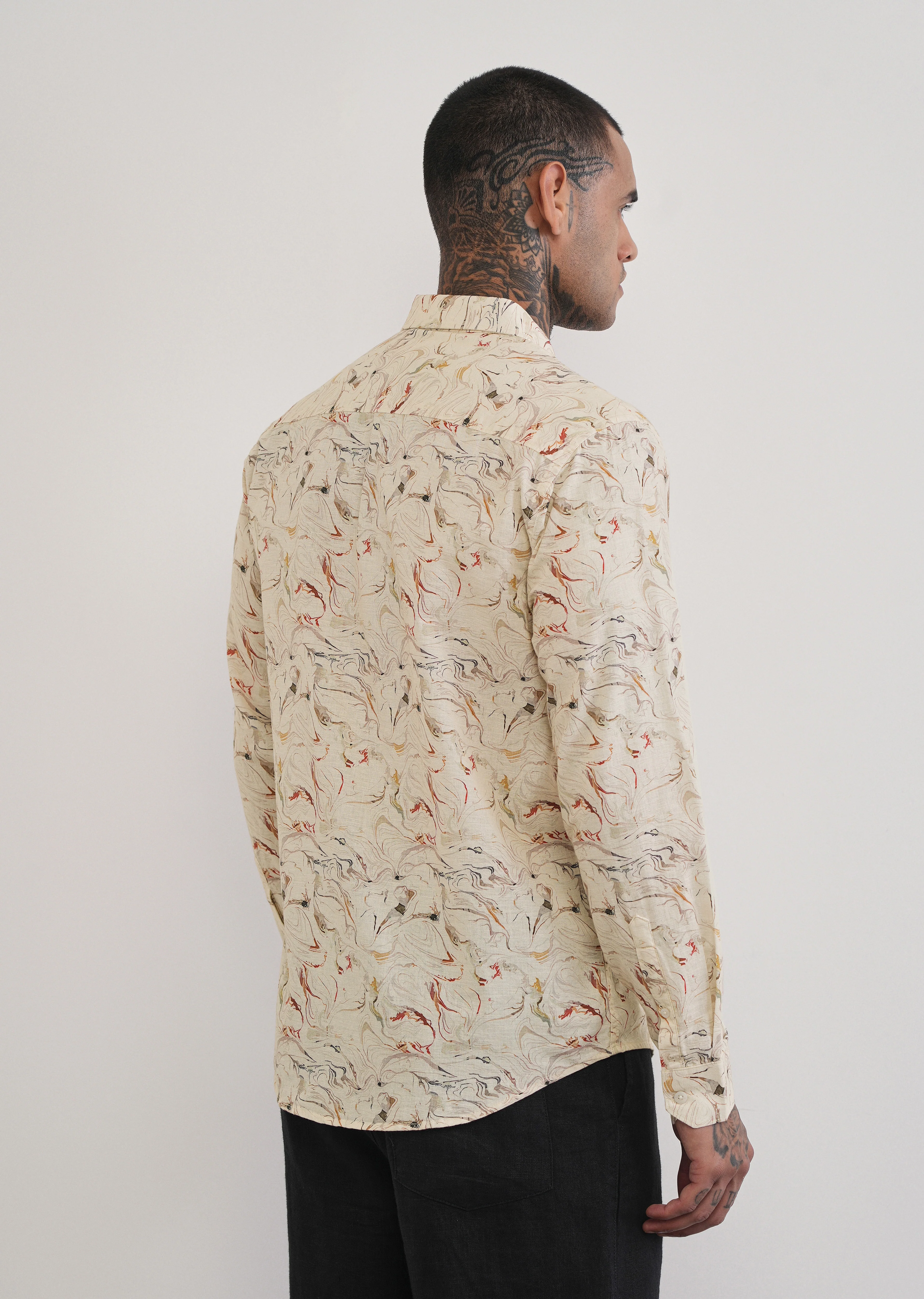 Beige Marble Print Cotton Linen Shirt - Image 2