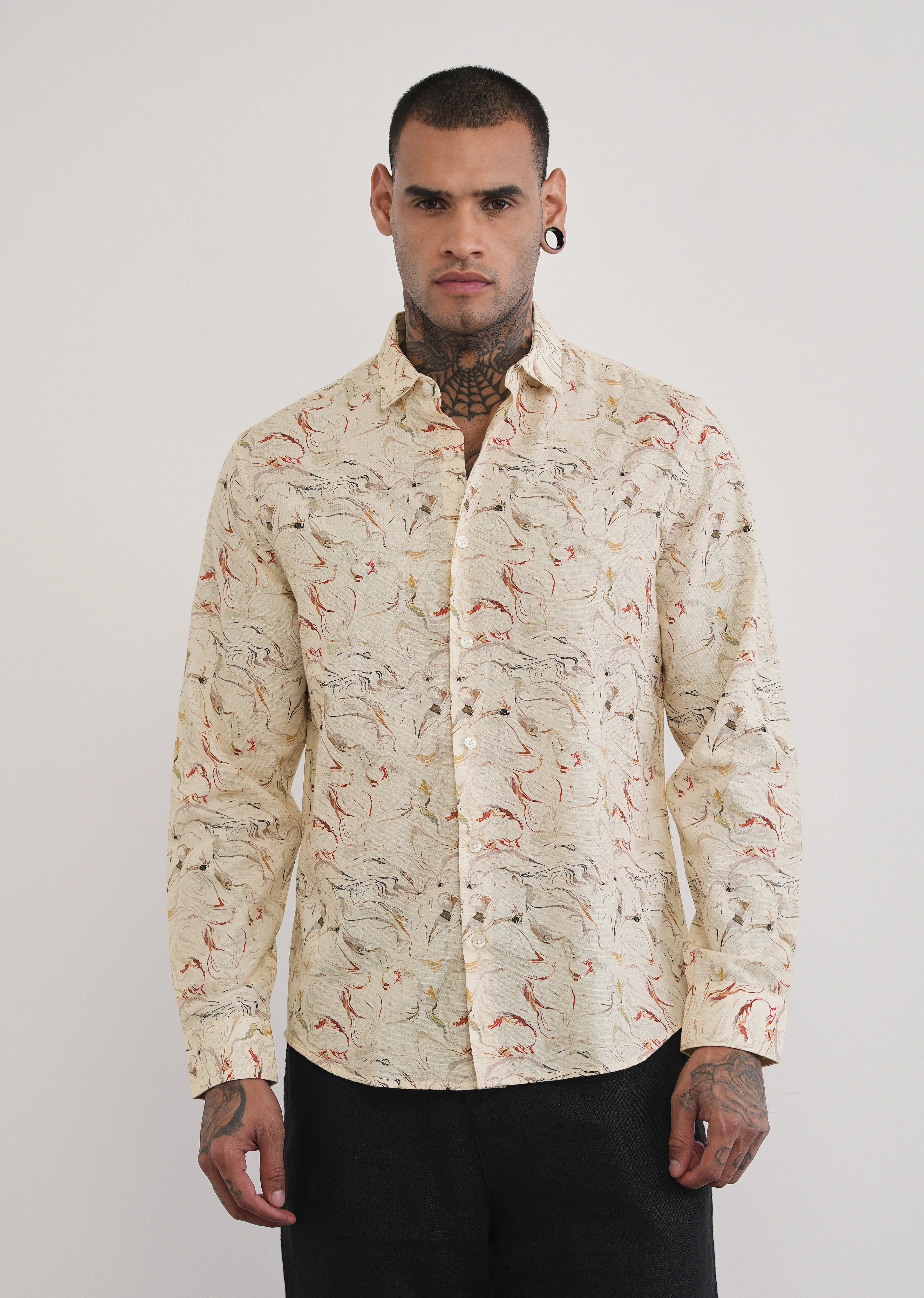 Beige Marble Print Cotton Linen Shirt - Image 3