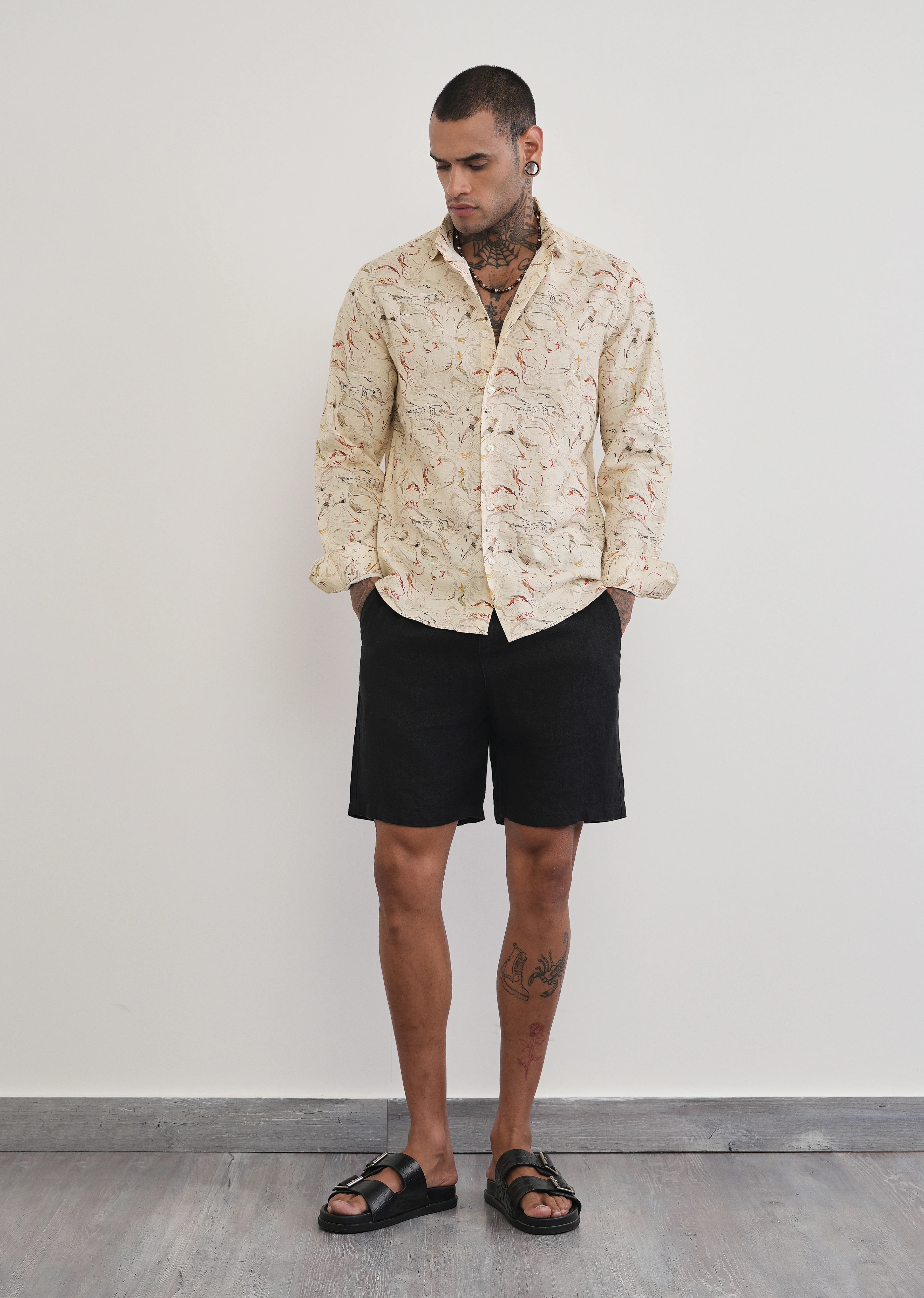 Beige Marble Print Cotton Linen Shirt - Image 6