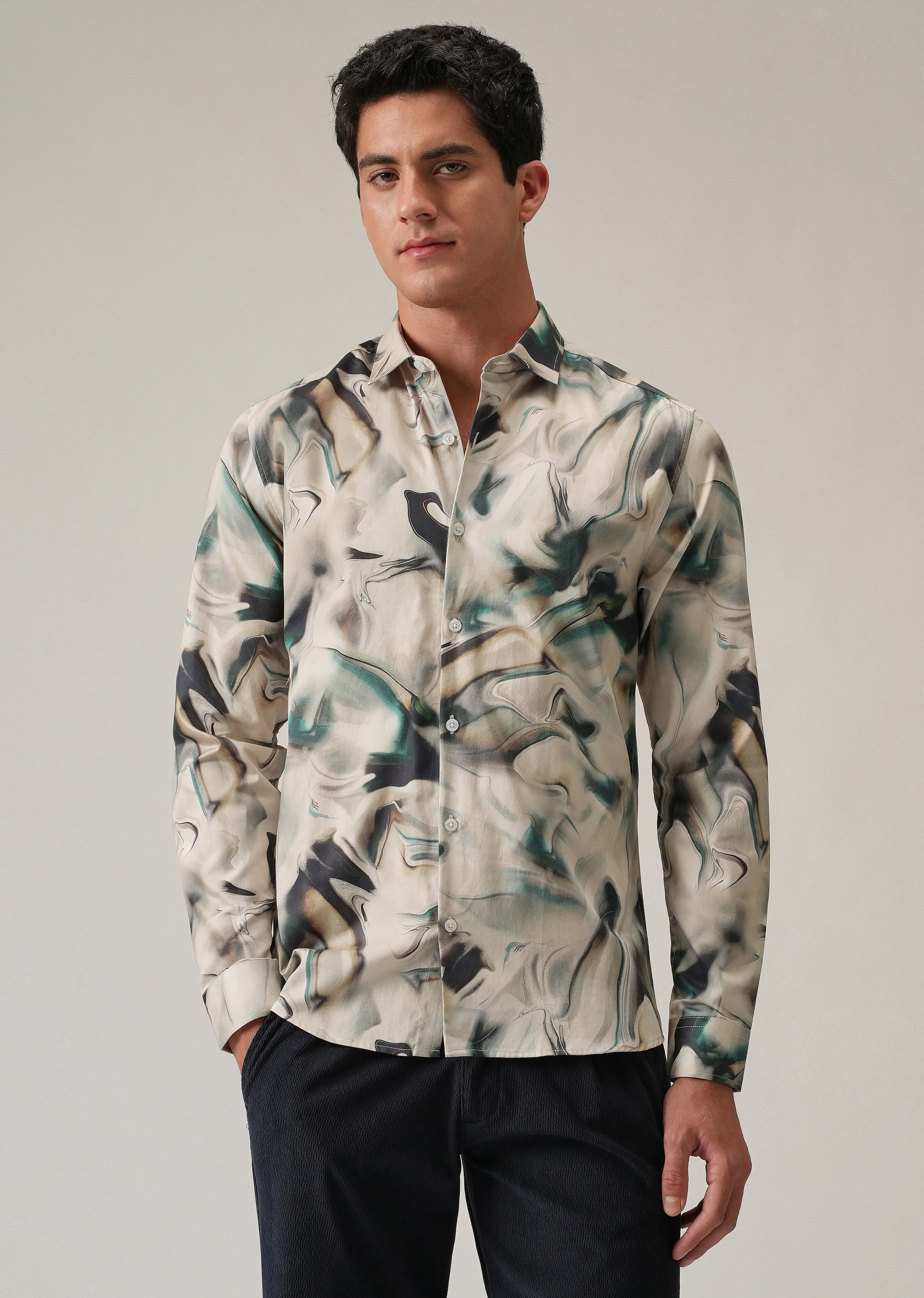 Beige Marbled Print Shirt - Image 3