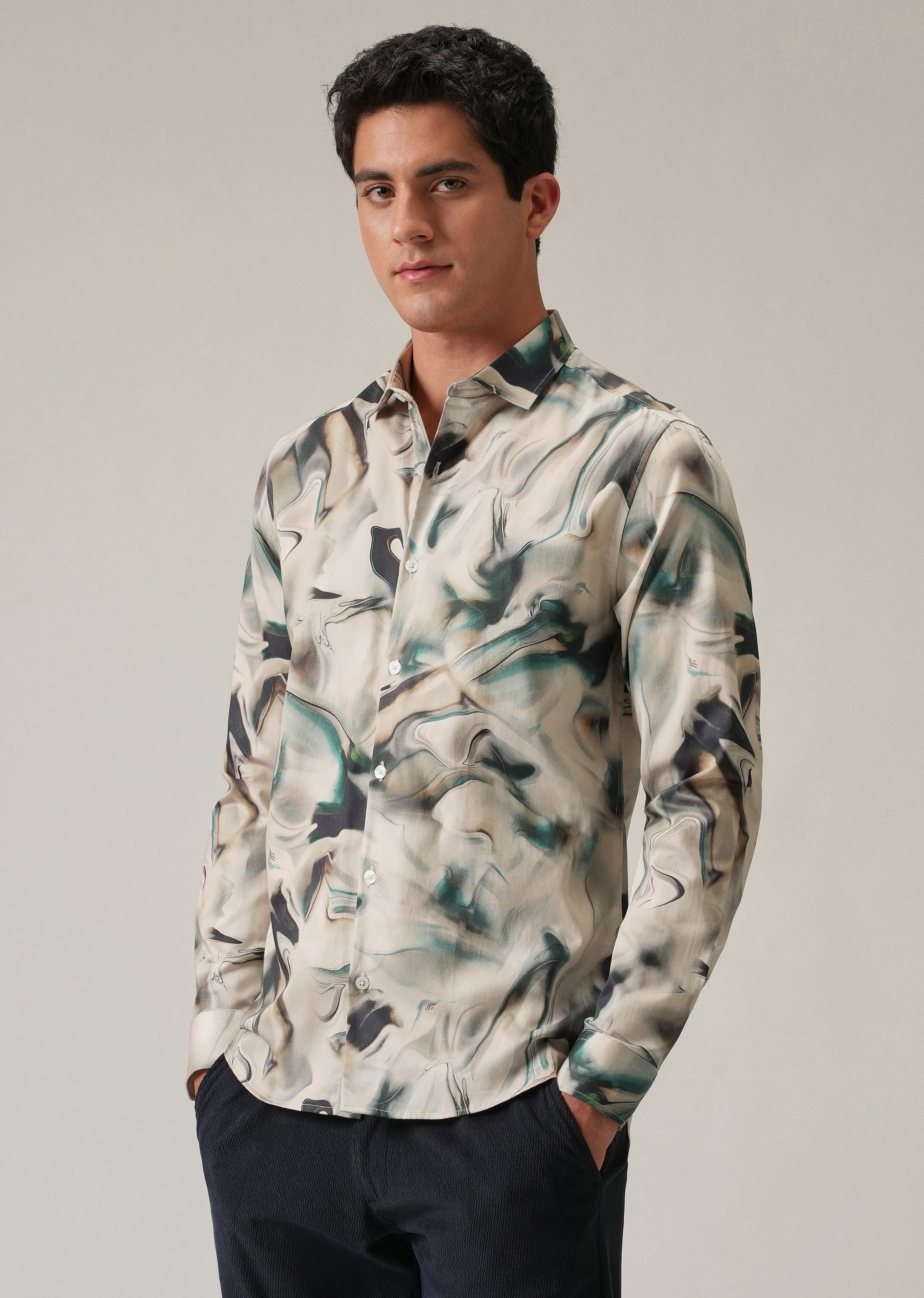 Beige Marbled Print Shirt - Image 4