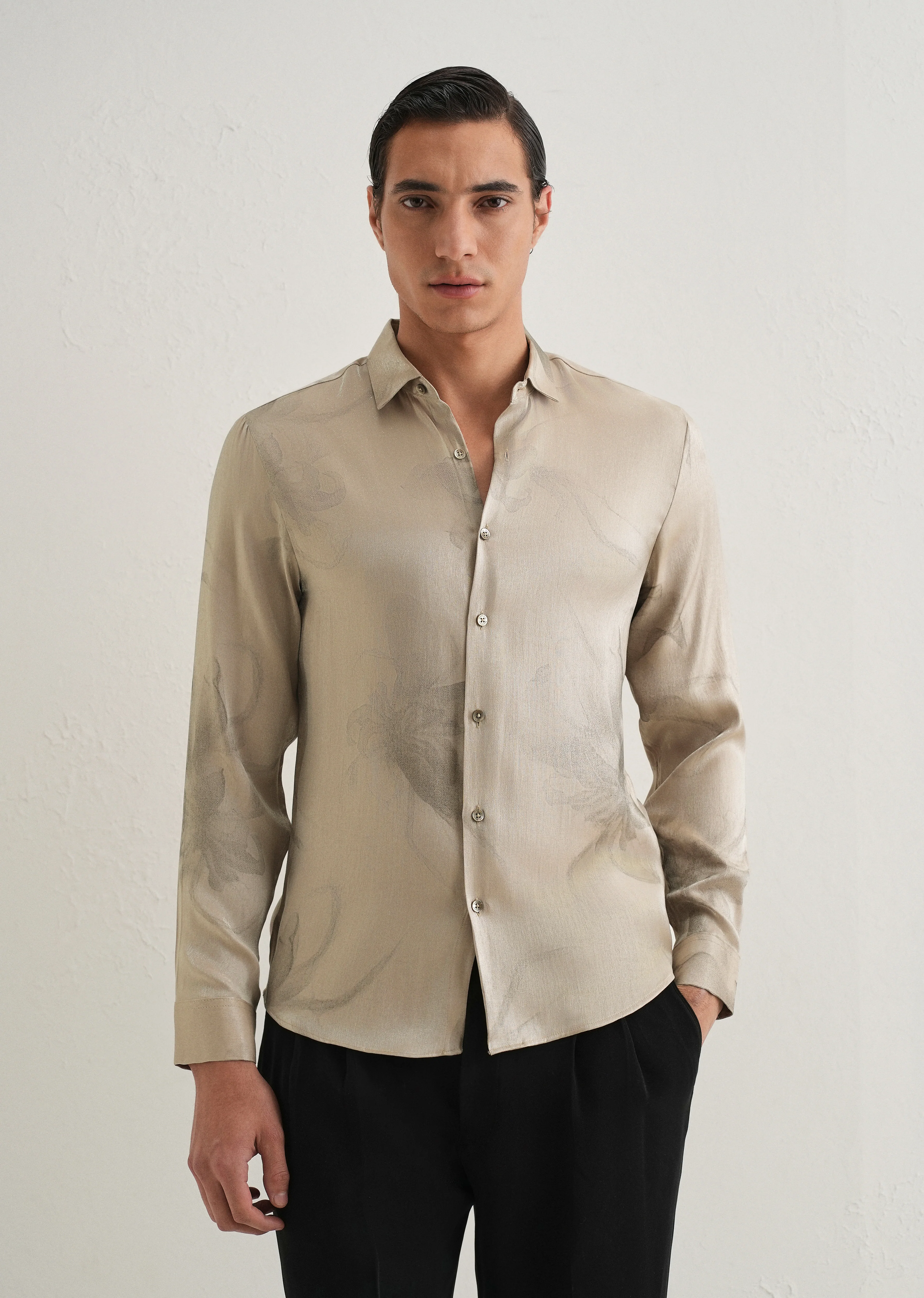 Beige Metallic Sheen-Look Printed Shirt - Image 4