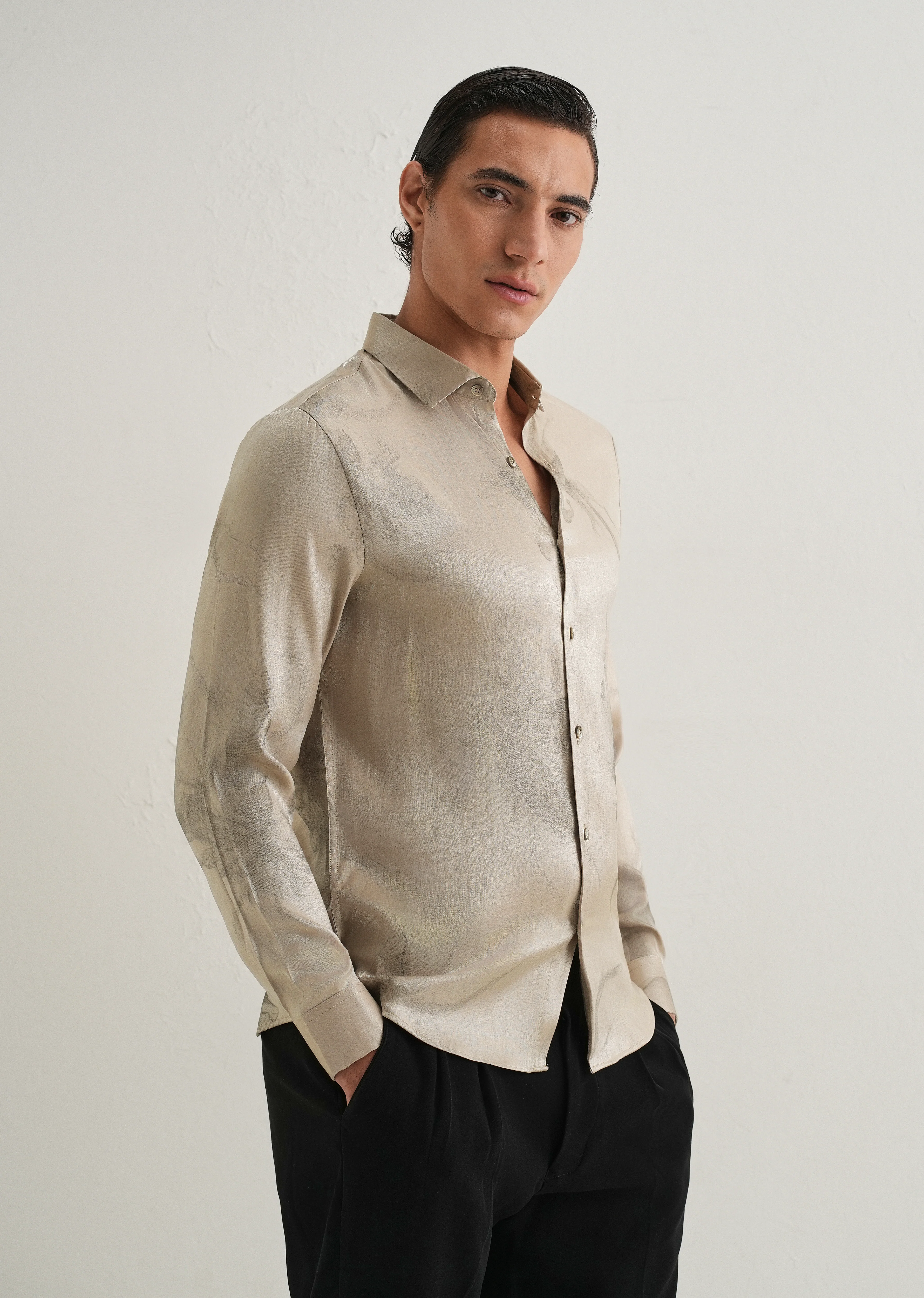 Beige Metallic Sheen-Look Printed Shirt - Image 5